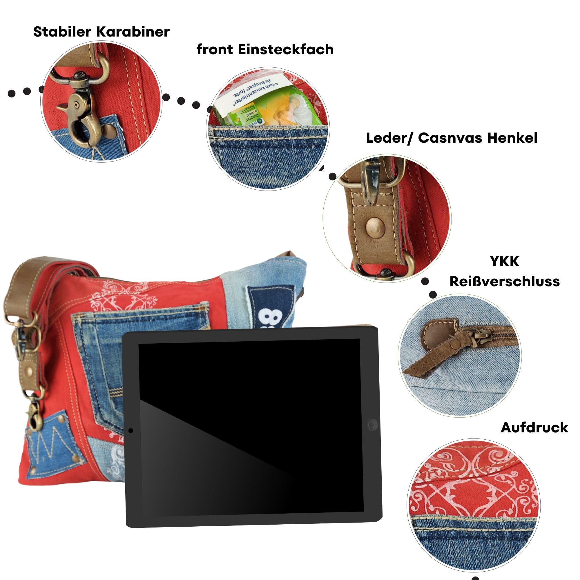 Sunsa Damen Tasche. Nachhaltige Umhängetasche. Handtasche Bag aus recycelter Jeans & Canvas in Vintage Stril. Rot/blau Schultertasche Crossover mit Verstellbarere Henkel