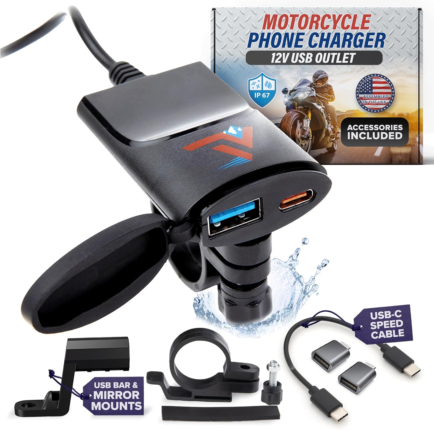 Terminal Velocity Sport -12 Volt Dual USB-C Motorcycle Phone Charger |Bike Accessories - Motorcycle USB Charger waterproof - Type A & C - 3.0 Ampere Fast Charging Port - SAE to USB - for Phone, Camera - Image 3