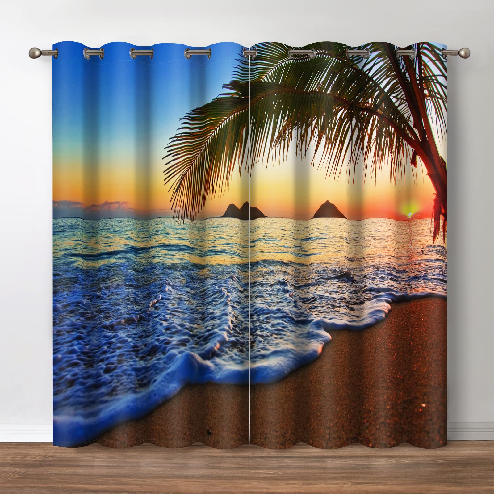 Jekeno Sea Sunset Blackout Curtains - Tropical Beach Ocean Sunset with Palm Trees Nature Scenery Print Blocking Curtain Decor Home Bedroom Living Room