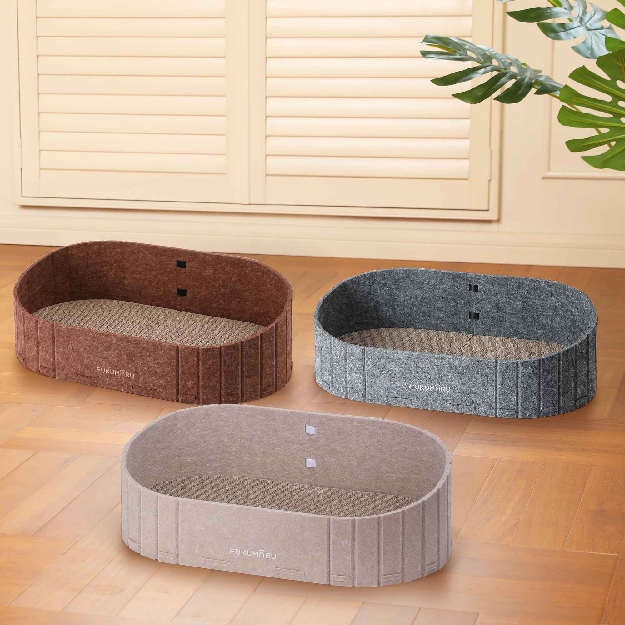 FUKUMARU Griffoir pour Chat, 61 cm de Long en Forme de Canapé, Grattoir Détachable Réversible, Pads de Griffoir Ronds Remplaçables, Lit d'Intérieur, Camel