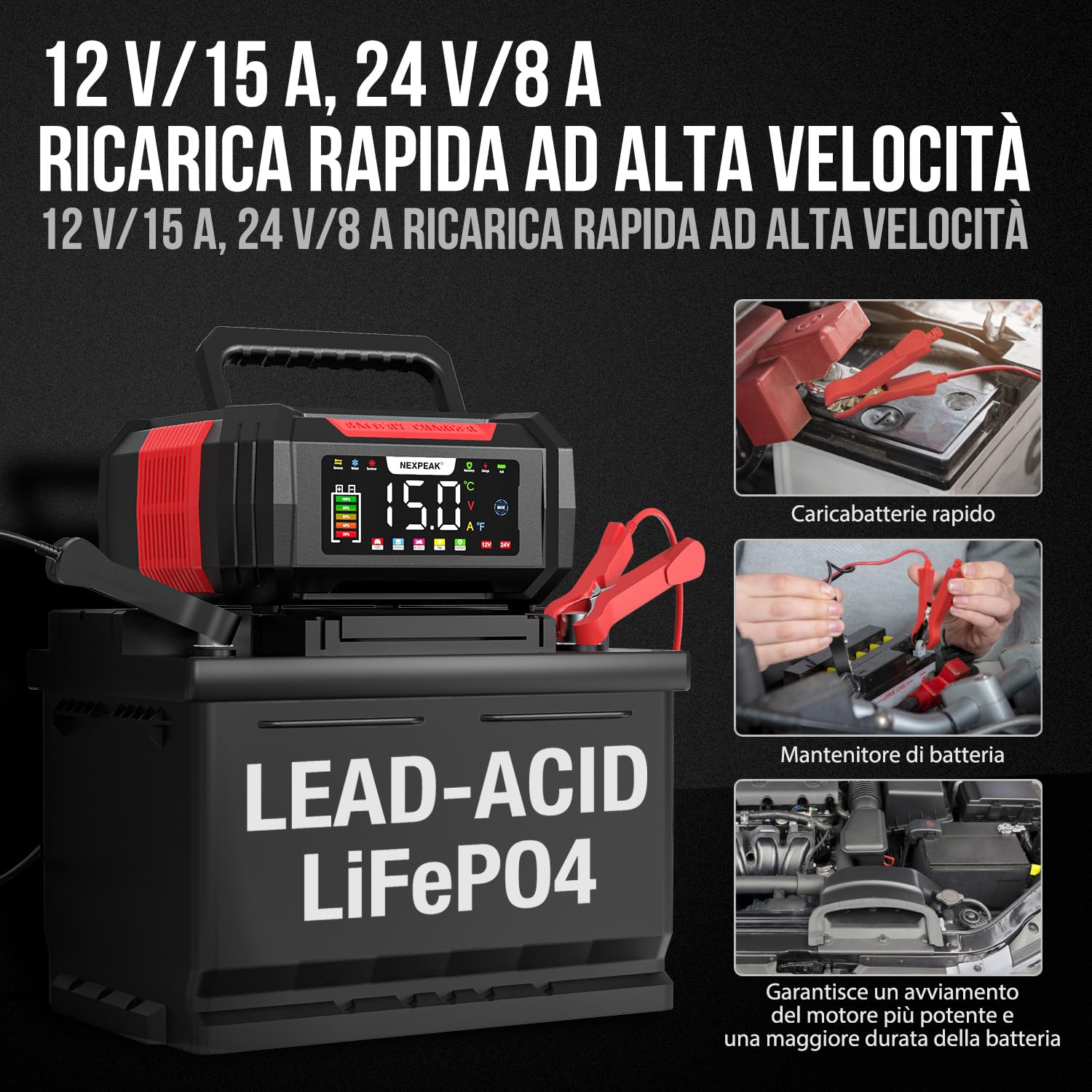 NEXPEAK NC315 Caricabatterie intelligente 12V15A/24V8A LiFePO4 AGM Gel Auto | Ricarica 9 fasi, Display LED e compensazione temperatura, Compatibile LiFePO4 e batterie piombo-acido