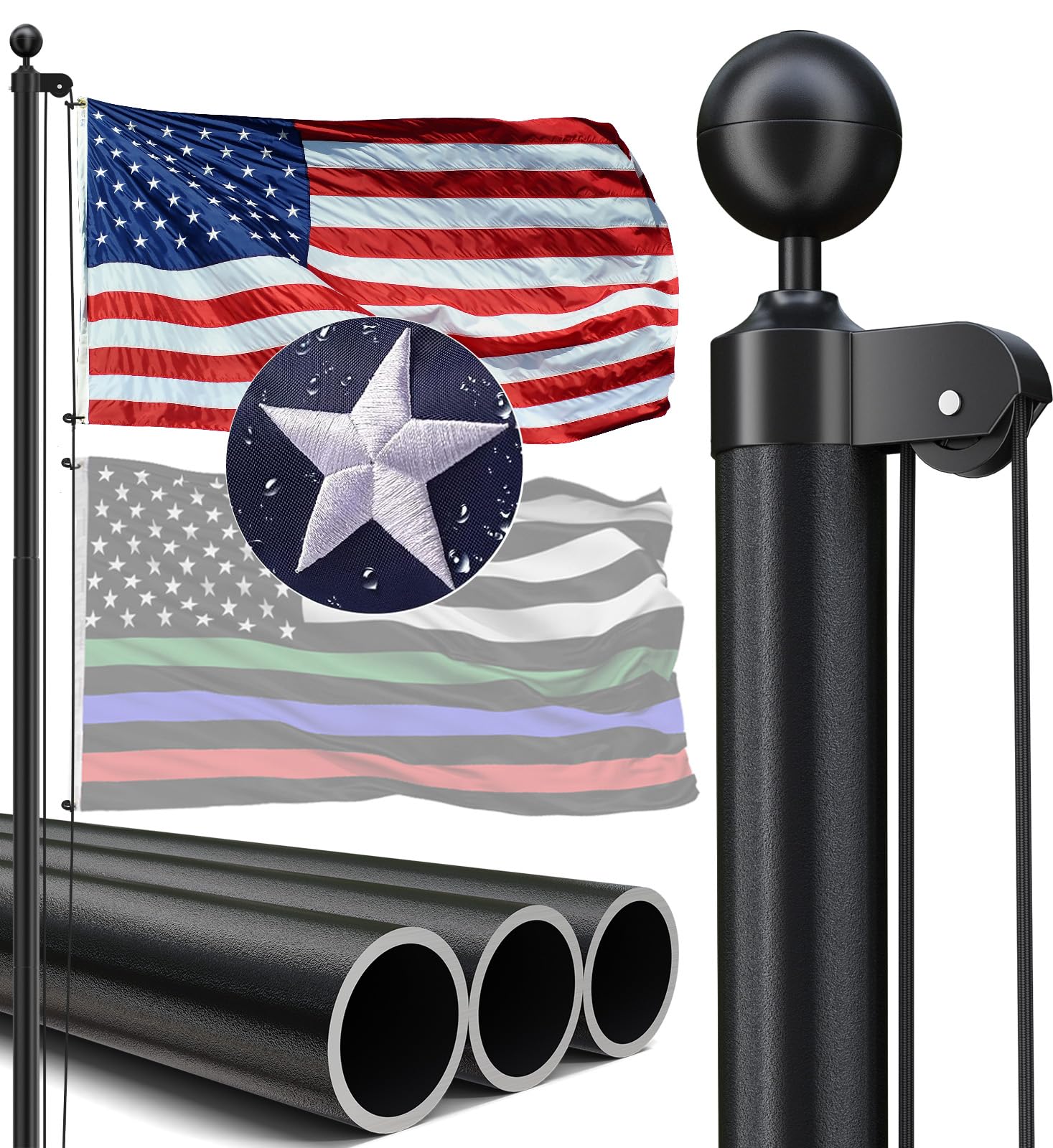 25FT Heavy Duty Flag Pole, 12-Gauge Aluminum, 100MPH Wind Tested | Extra Thick Residential & Commercial Flagpole Kit for Outside House – Includes USA Flag & All Hardware to Fly Two Flags