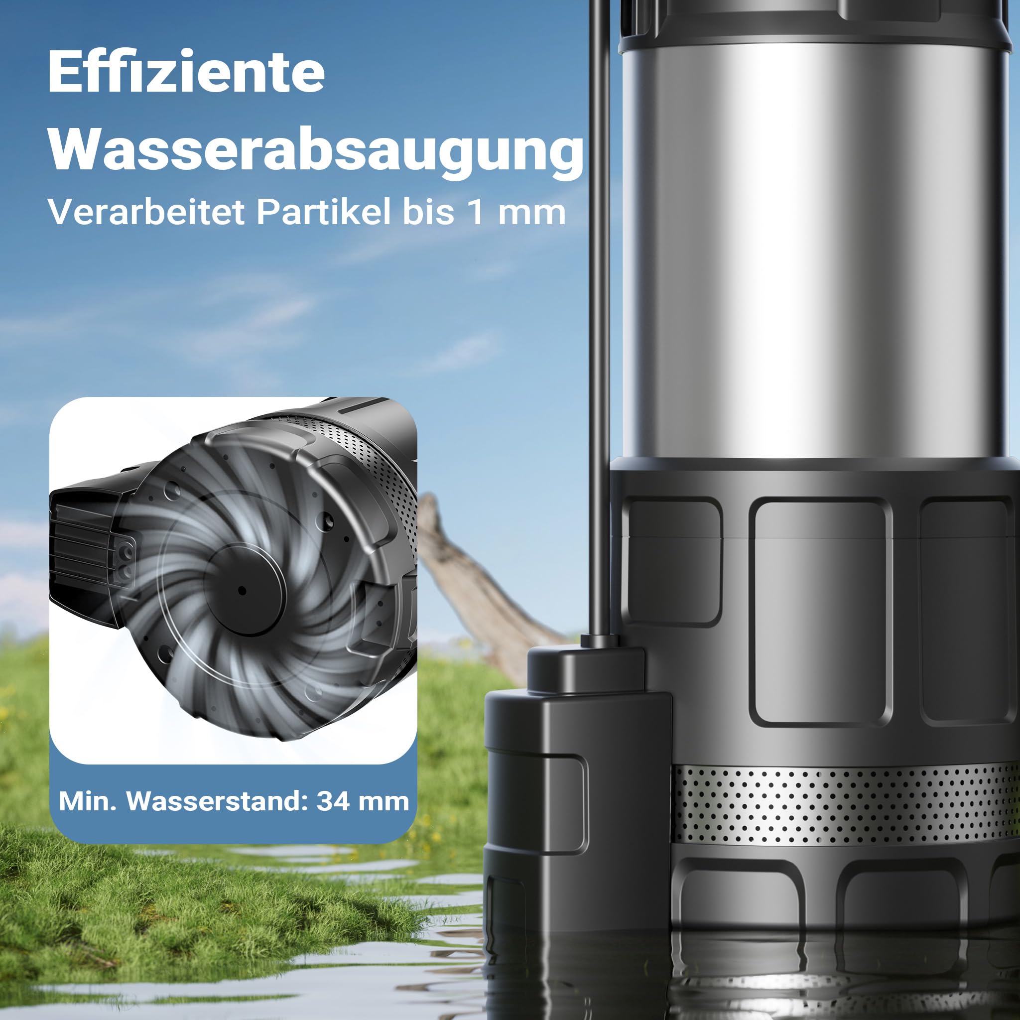 Wiltec Tauchpumpe mit Trockenlaufschutz und Schwimmerschalter 1200 W, Tiefbrunnenpumpe 6000 l/h, Wasserpumpe mit Schwimmer bis 7 m Tiefe & 40 m Förderhöhe