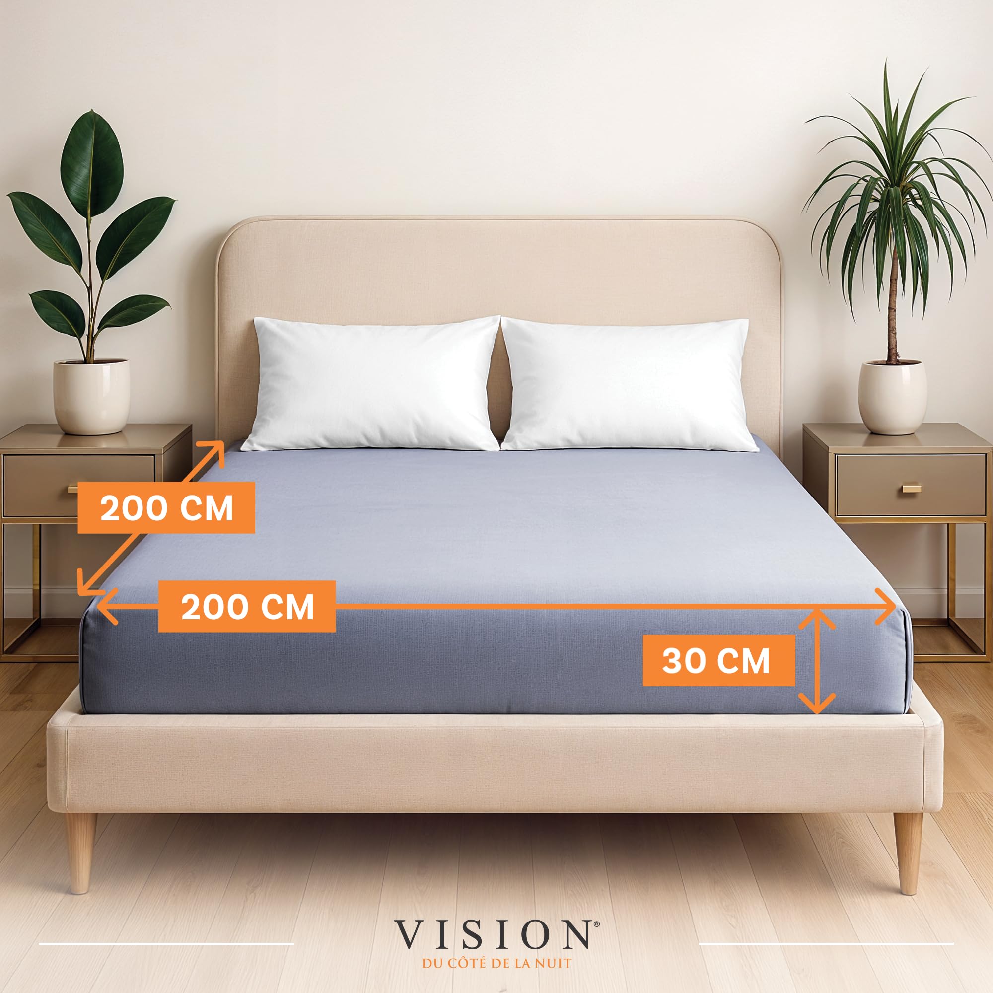 VISION Lenzuolo con angoli - 100% cotone - Letto matrimoniale (200 x 200 cm) - Angoli elasticizzati - Adatto a materassi fino a 30 cm - Oeko-Tex - Lavabile in lavatrice - Colore: grigio perla