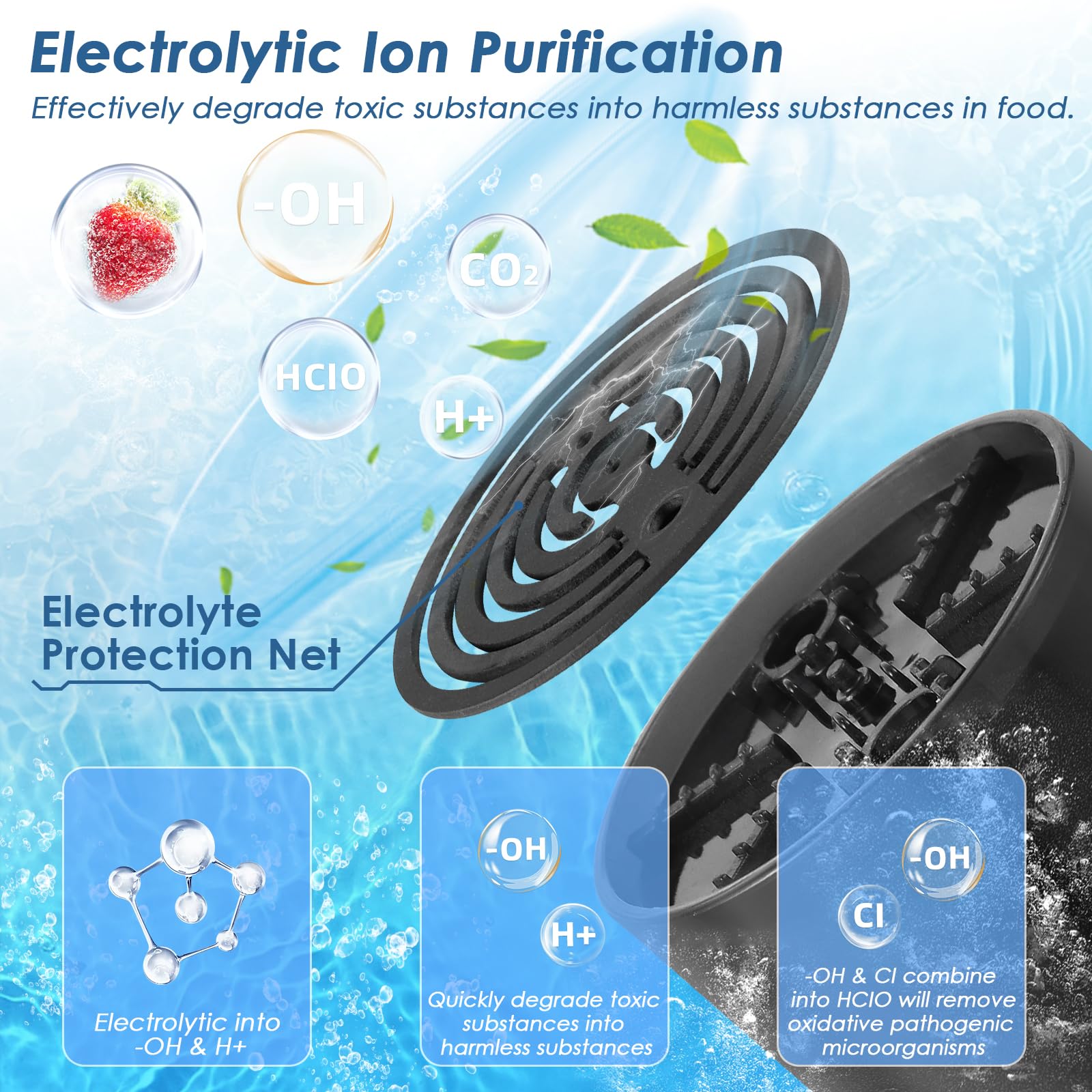 Cudinham Lavadora purificadora de frutas y verduras, máquina de desinfección en forma de cápsula, tecnología de purificación de iones OH para limpiar frutas y verduras, arroz, carne (océano azul)