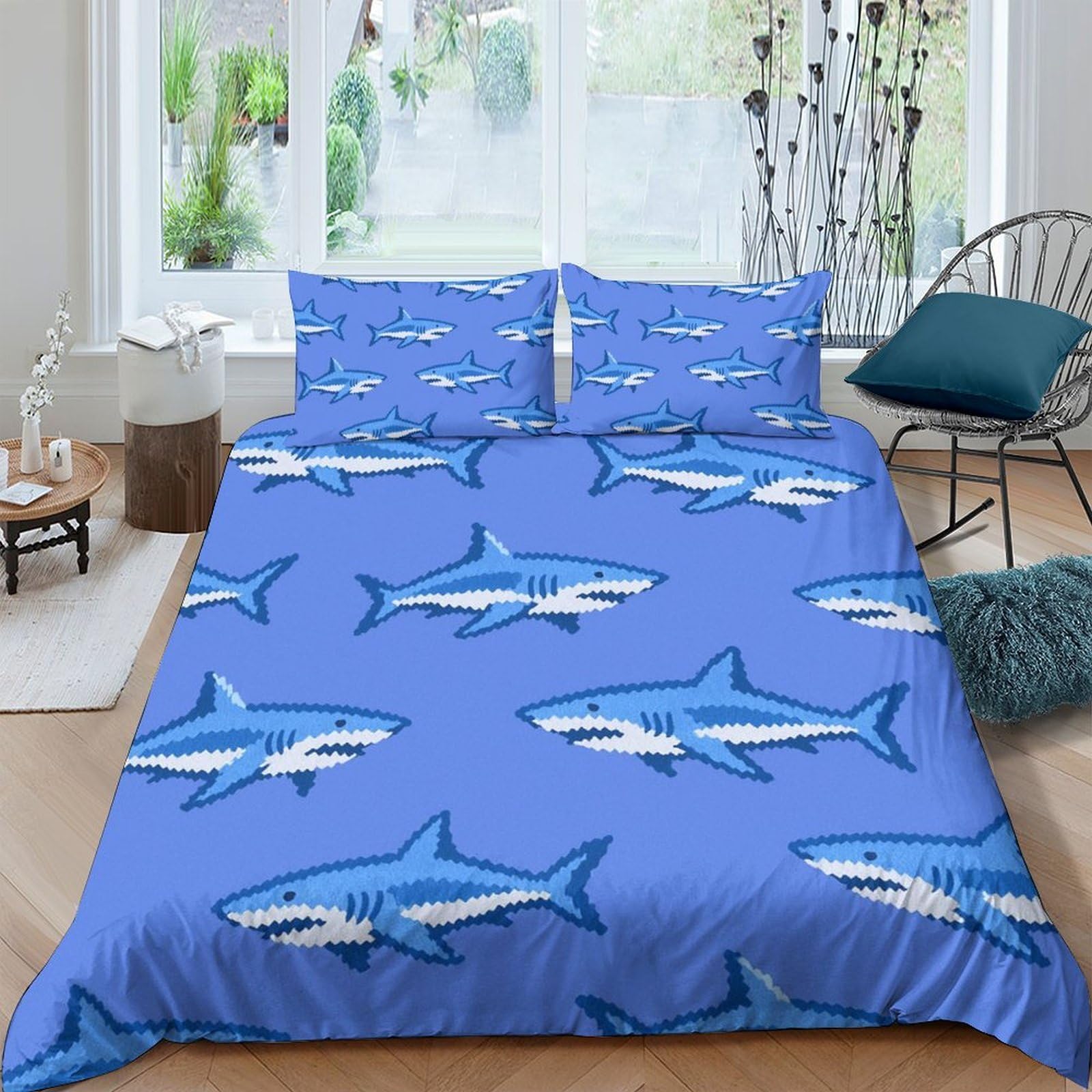Ctjqhvkz Style-7 3D Printed Blue Shark Fitted Sheet Microfiber Soft Breathable Ocean Fish Bed Sheet For Bedroom Dorm Mattress Decor Single（135X200cm）