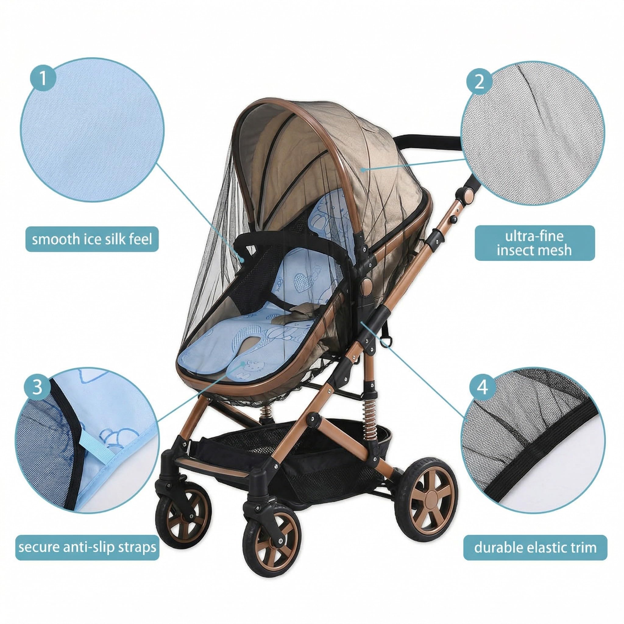 2 Pezzi, Set Zanzariera e Copertina Rinfrescante per Passeggino, Rete Antizanzare e Federa in Tulle di Cotone e Seta Ghiacciata, Ideale per Neonati in Estate, Nero e Blu Ghiaccio