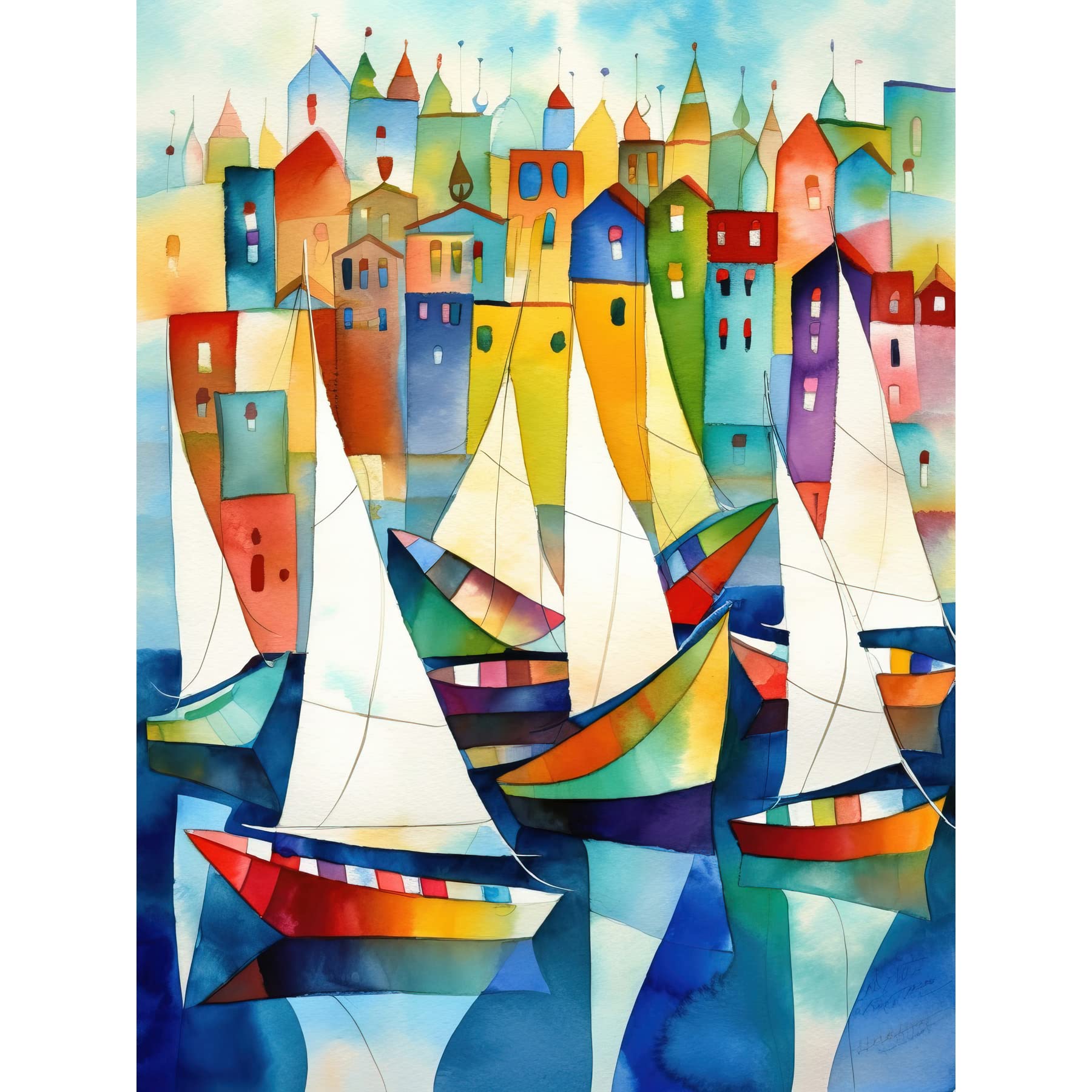Artery8 Harbour Boats Folk Art Watercolour Painting Large Wall Art Poster Print Thick Paper 18X24 Inch