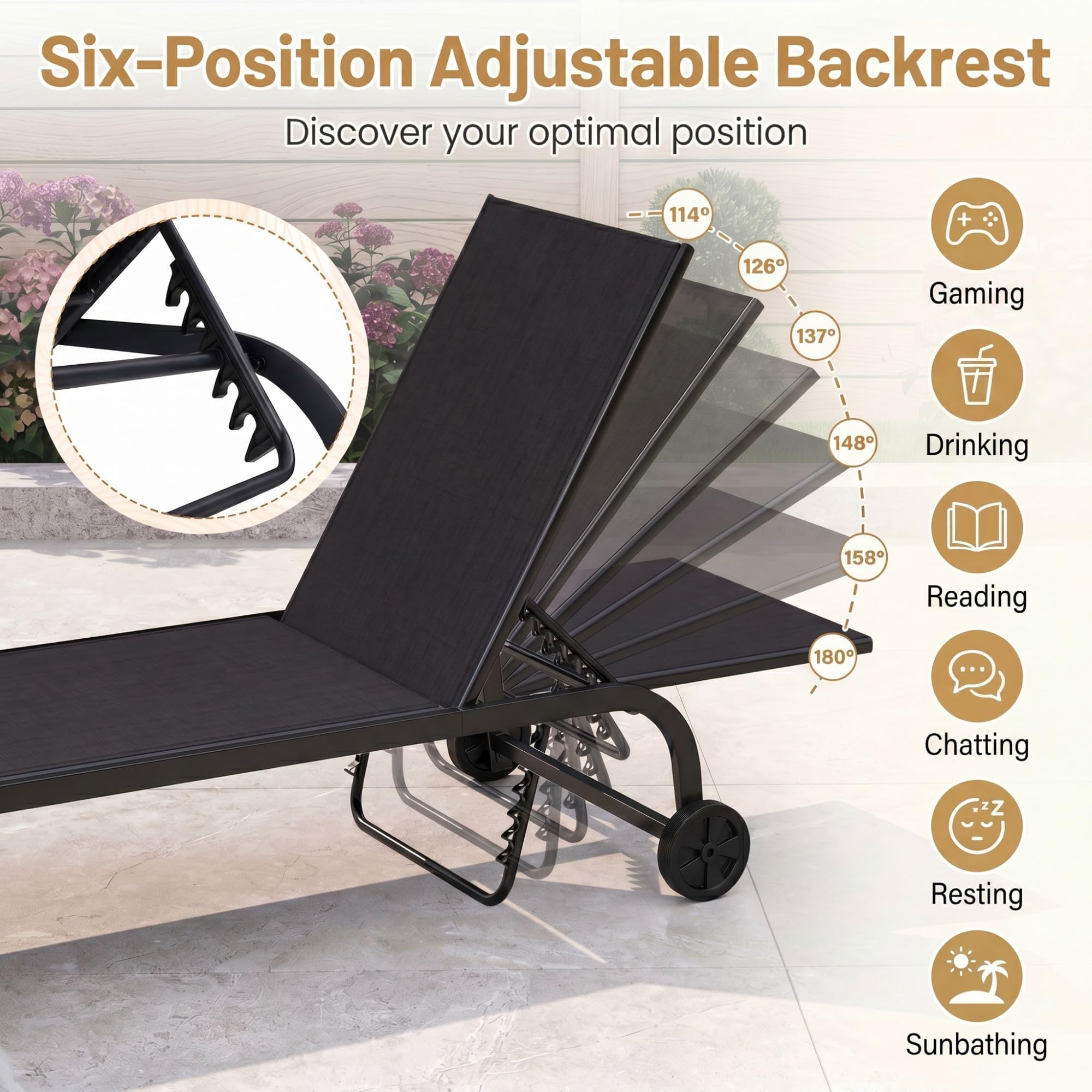 Giantex Tumbona de Jardín con Ruedas y Respaldo Ajustable, Carga 150 kg (Negro,2)