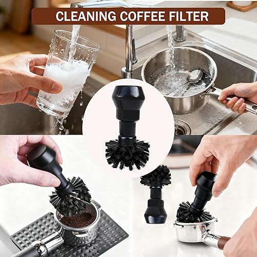 Miniatura 4 de Cepillo de limpieza portafiltro, herramienta profesional de limpieza de café espresso barista con mango negro de madera para máquina de café