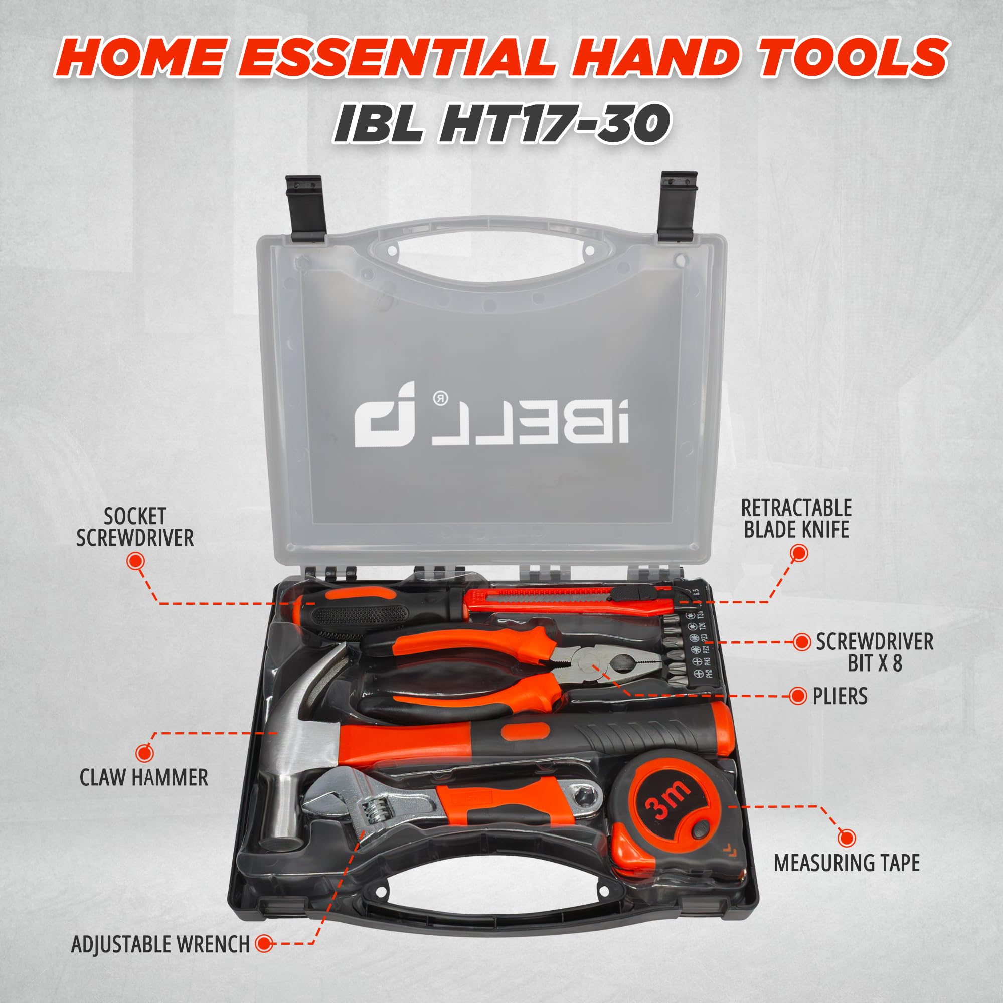 IBELL HT17-30 Hand Tool Kit (14 Pieces) | DIY & Household Repair Set with Screwdriver, Claw Hammer, Plier, Wrench, Knife, Measuring Tape & Bits | Durable Steel Tools in Hard Carry Case