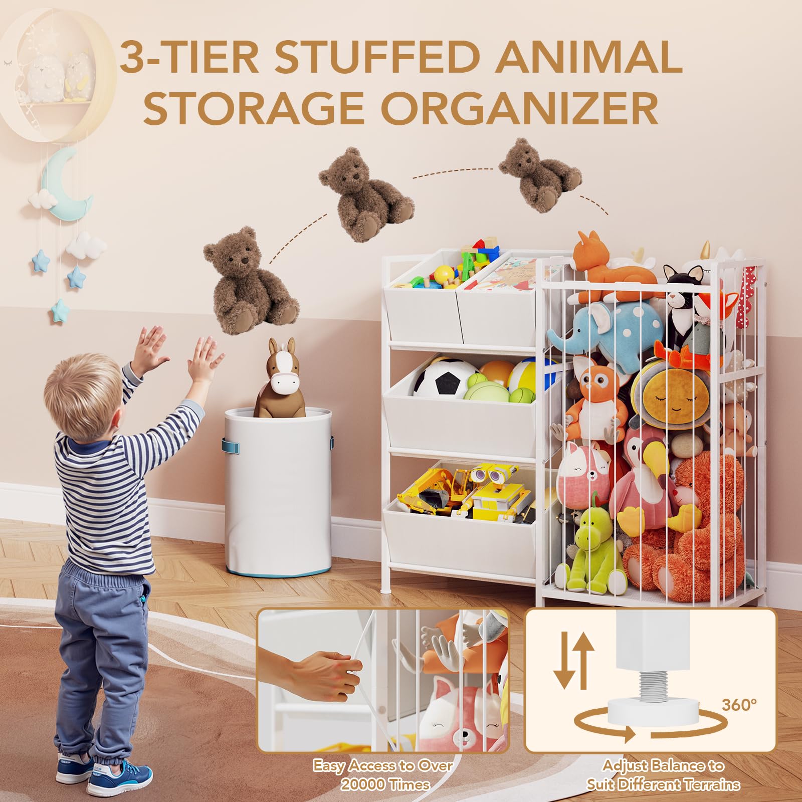 BBLIKE Almacenamiento de juguetes, juguetes de peluche, muebles de habitación infantil, estantería de almacenamiento con 4 cajas, estantería para dormitorio, sala de juegos y habitación infantil