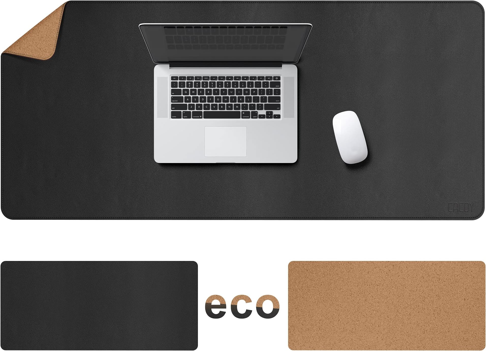 Cacoy Large Desk Mat, 48" x 24" Leather Desk Pad Protector with Cork & PU Leather, Double-Sided Office Desk Cover Mat, Large Computer Mouse Pad, Waterproof Desk Blotter Pad for Office and Home, Black