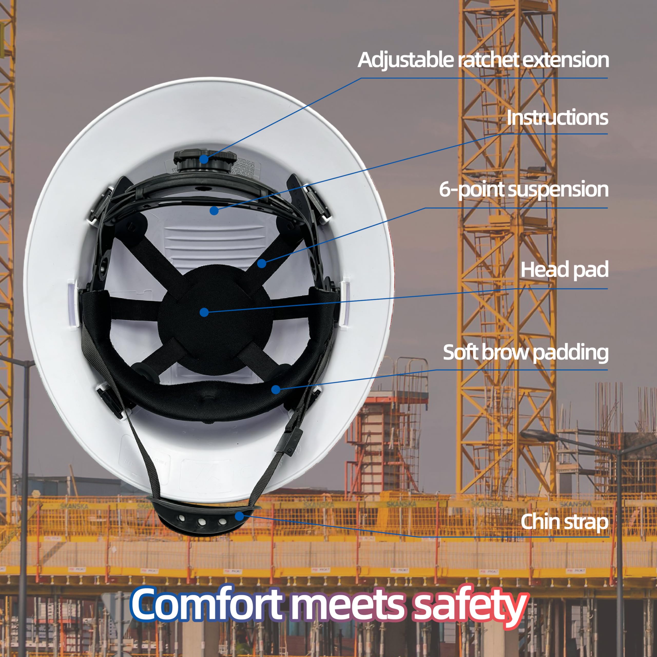 Zeluga 15-457 HDPE - Casco duro de ala completa, casco de seguridad para construcción con agujeros ventilados, suspensión de trinquete ajustable de 6 puntos, cumple con ANSI/ISEA Z89.1, bandera de