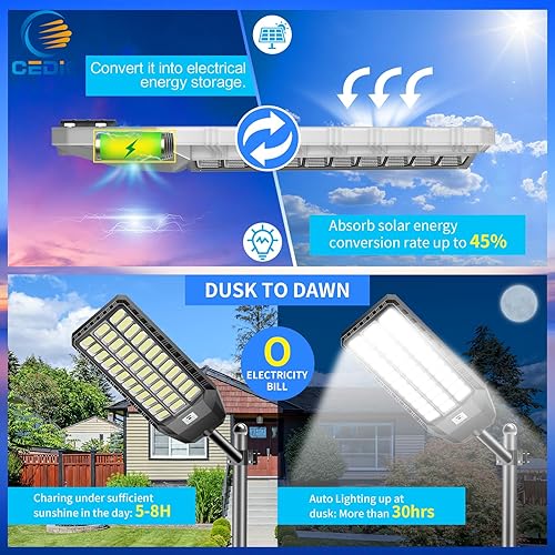 Miniatura 10 de CEDIO Farolas solares para exteriores, luces solares de estacionamiento de 6000 W, luz solar LED del atardecer al amanecer, 400000 lúmenes, luces