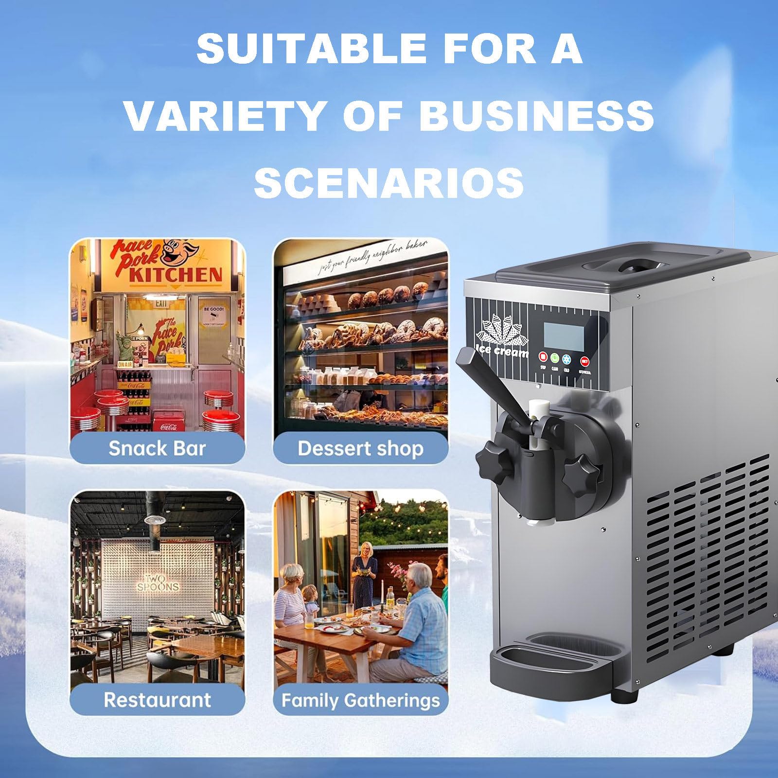 Machine à Glace Professionnelle, 4-5 kg/h, Machine à Glace à l'italienne avec trémie de 2 L et cylindres de 1 L, autonettoyage, écran Tactile LCD pour Snacks, Restaurants et Bars.