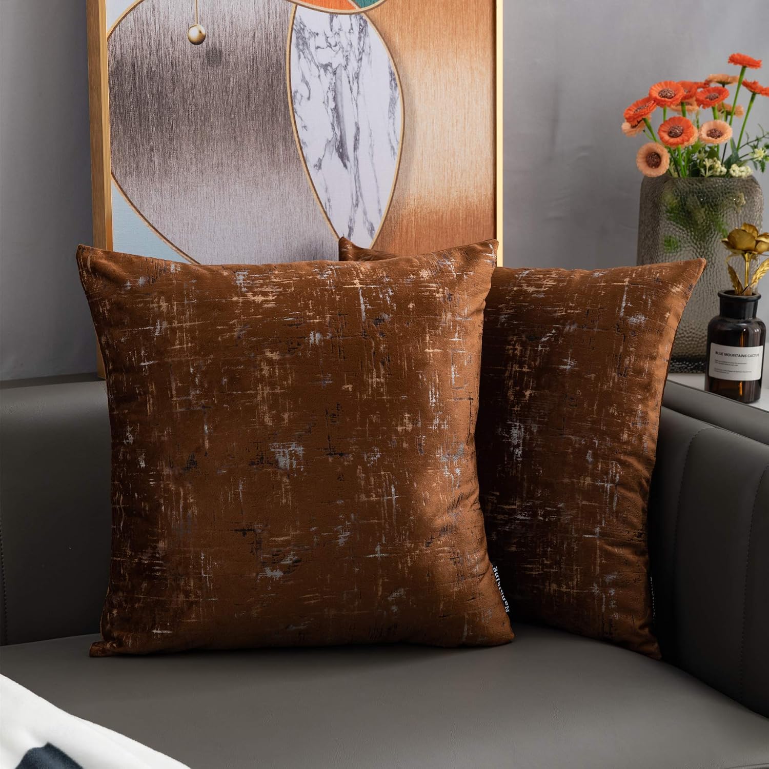Velvet Soft tie-dye Throw Pillow Covers Brown Decorative Square 20x20inch Cushion Case for Sofa Bedroom Car 2 Pack(Brown 20x20)