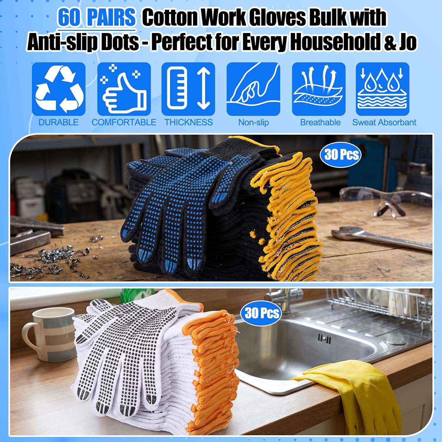 60 Pairs Cotton Work Gloves Bulk with Anti-slip Dots Polyester Knit Gloves For Men Women Safety Protection