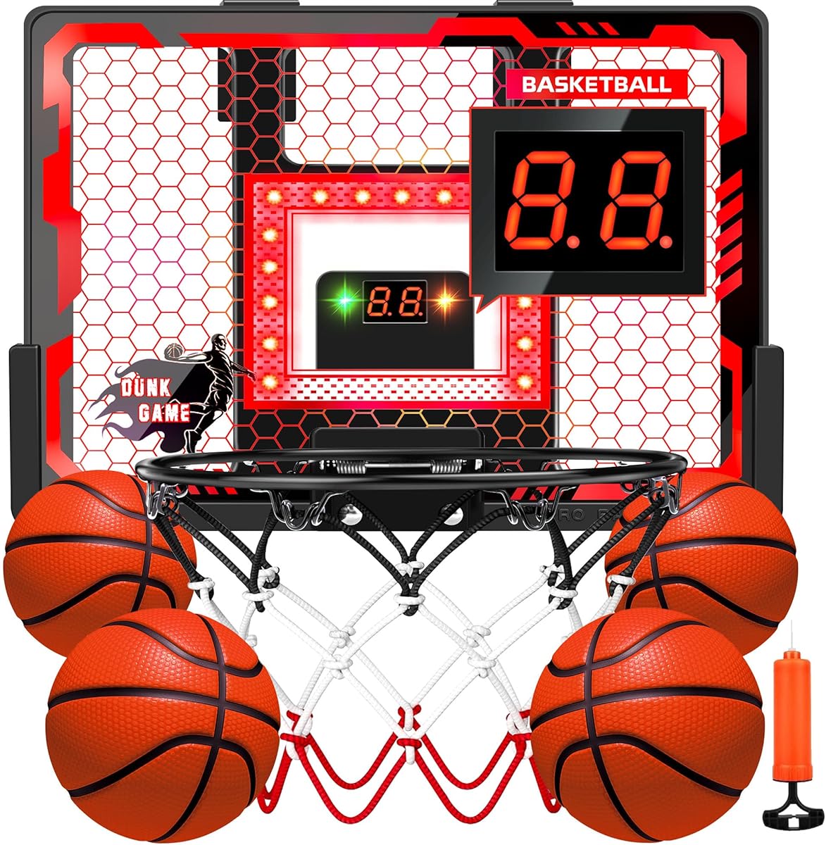 Indoor Basketball Hoop Pro, Mini Basketball Hoop Over The Door with LED Light/Scoreboard/4 Balls- Upgraded Anti-Impact Backboard, Basketball Toys Gifts for 6 7 8 9 10 11 12 Year Old Boys Red