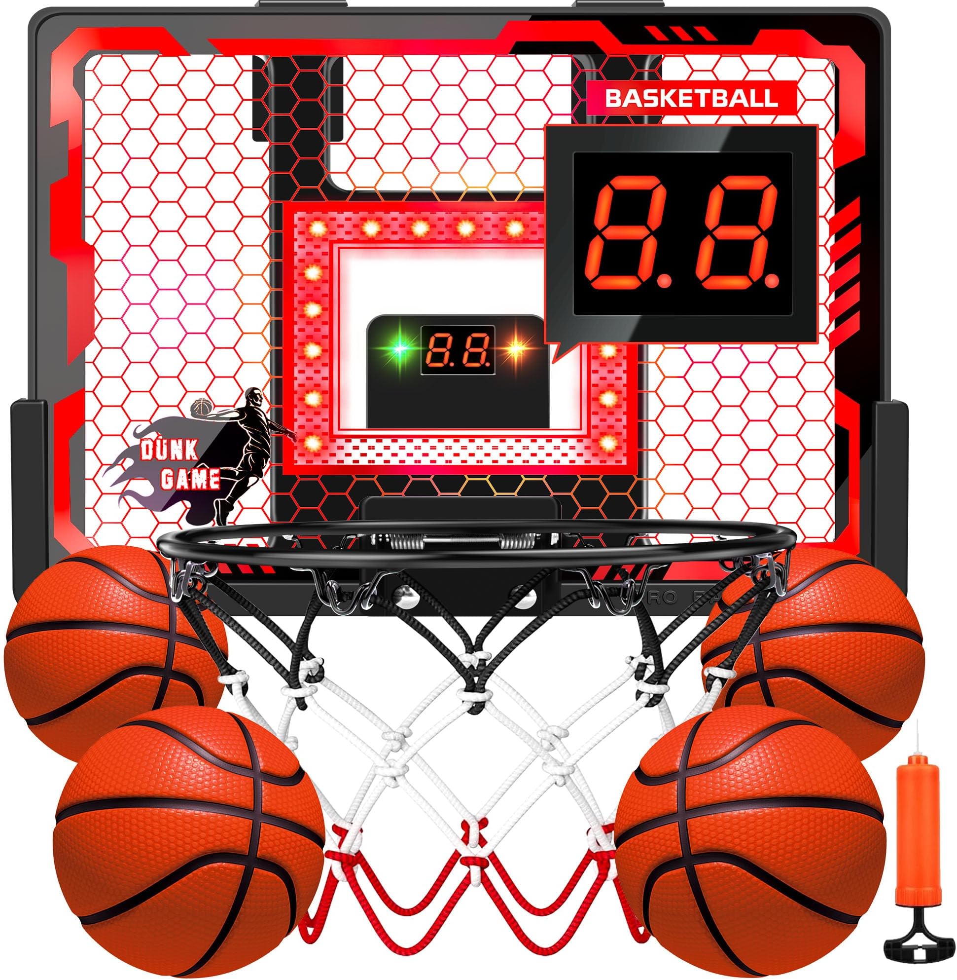 Indoor Basketball Hoop Pro for Kids, Over The Door Basketball Hoop with LED Light/Scoreboard/4 Balls- Upgraded Anti-Impact Backboard, Basketball Toys Gifts for 6 7 8 9 10 11 12 Year Old Boys