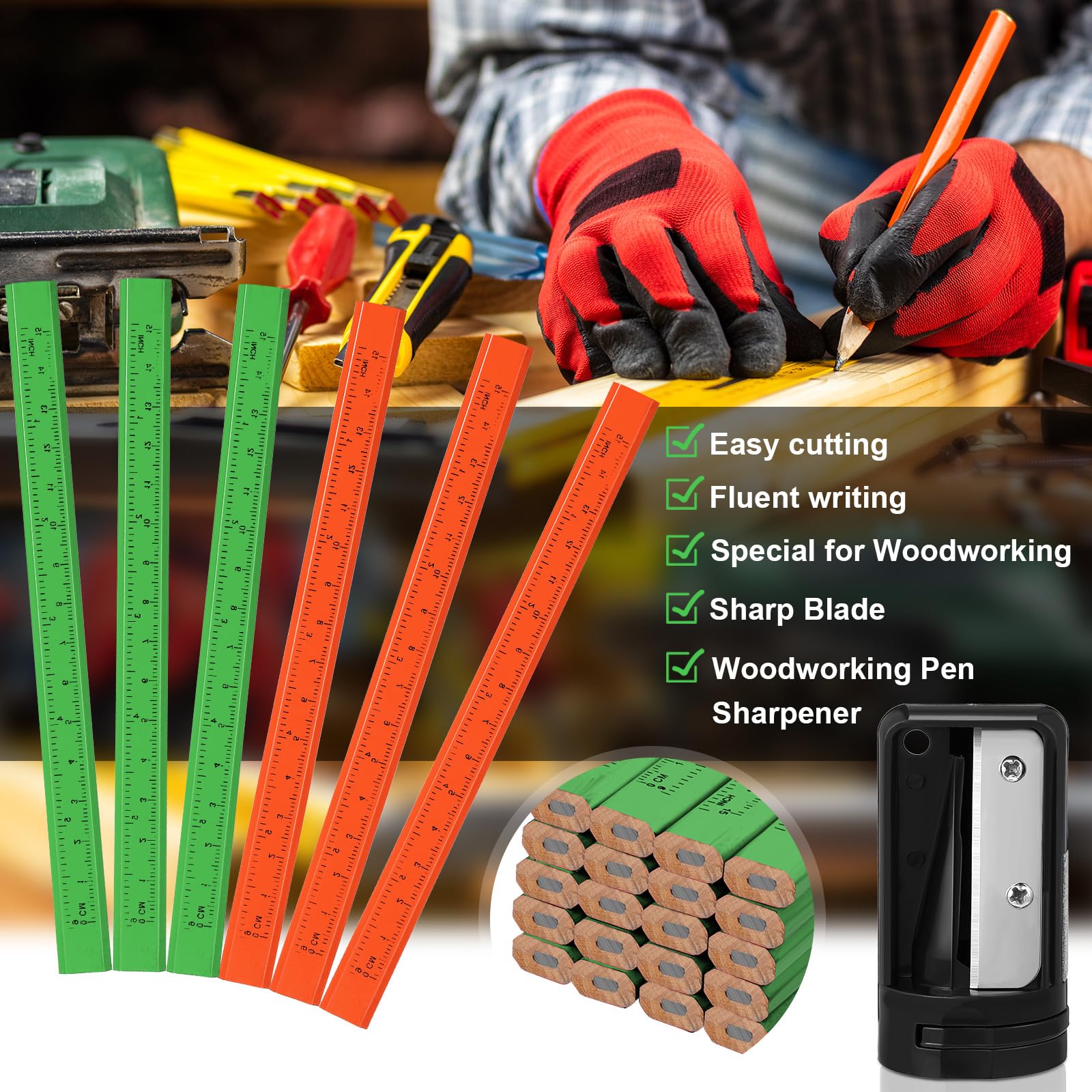 Honoson Lot de 202 crayons de charpentier - 200 crayons plats avec règle imprimée - 2 taille-crayons de charpentier pour le travail du bois (vert et orange)