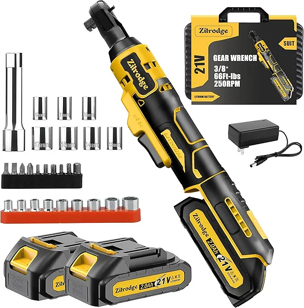 3/8" Cordless Electric Ratchet Wrench Set With Multi Drill Bits, 66FT-LBS 250 PRM Power Ratchet Wrench, 21V Ratchet Tool Kit, Variable Speed, 7 Sockets, LED Light, 1/4" and 1/2" Adapter, 2 Batteries
