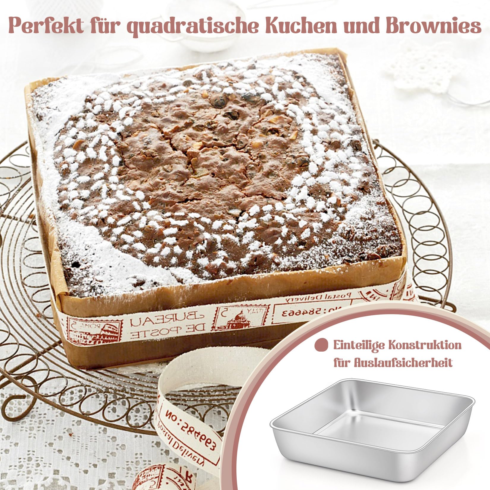 Onader Teglia quadrata per torte in acciaio inox, set da 2, 20 x 20 x 5 cm, perfetta per brownie, lasagne, torte, atossiche e lavabili in lavastoviglie