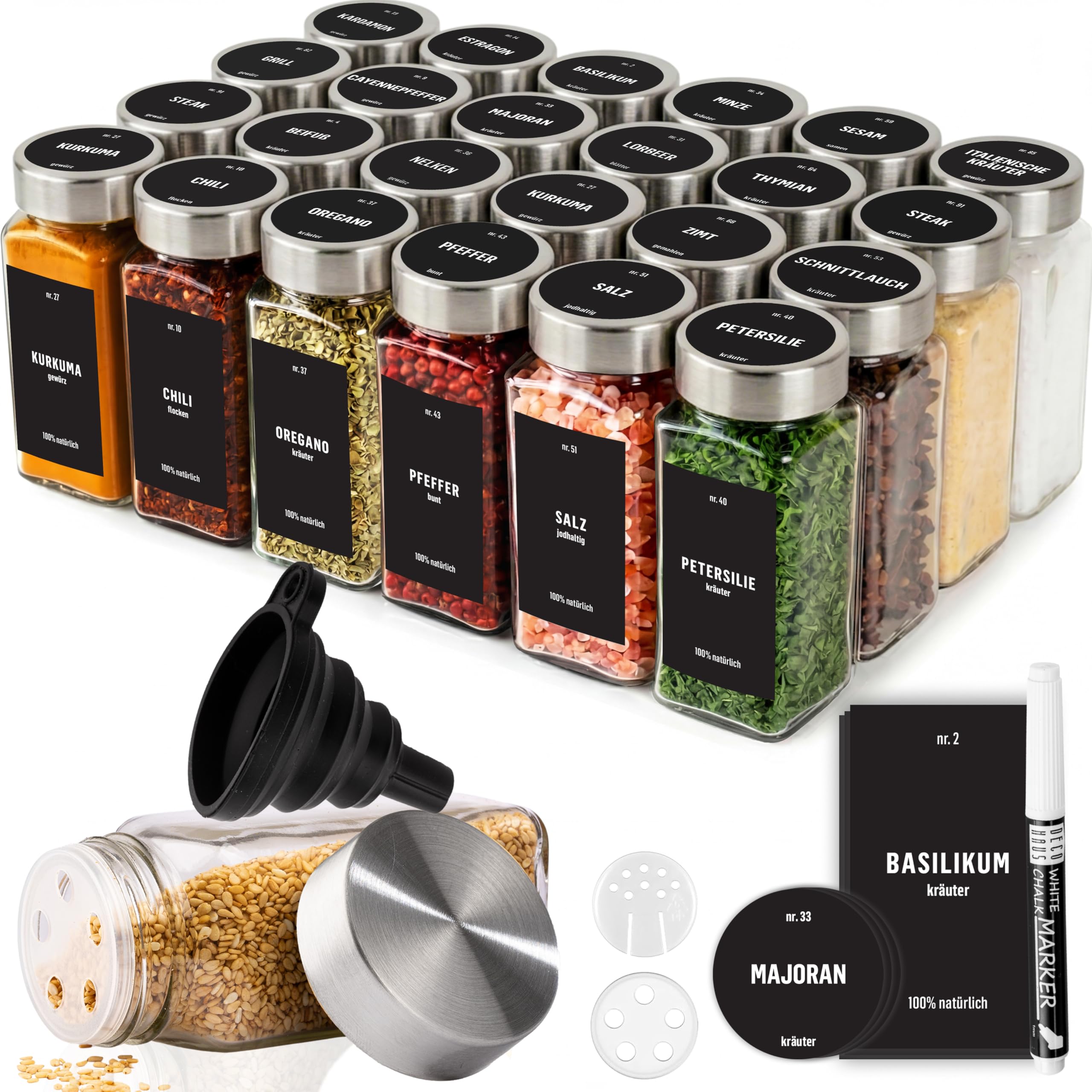 Deco Haus Juego 24 Tarros Especias con Tapa Rosca - Etiquetas, Embudo, Cepillo, Marcador - Va con Nuestros Estantes para Condimentos - Almacenamiento y Dispensador Vidrio Transparente 120ml 10.5x4.3cm