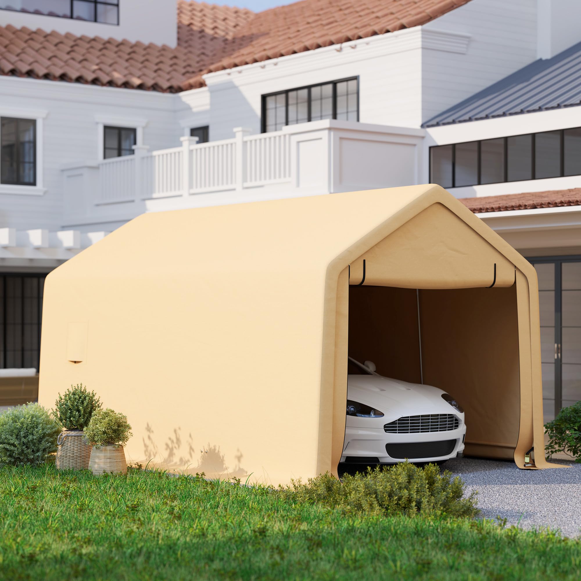 Outsunny Carport Carpa Garaje 3 x 5,2 m, carport Exterior, Carpa de Almacenamiento con Puerta Enrollable extraíble, carport para Coche, camión, Barco, Amarillo
