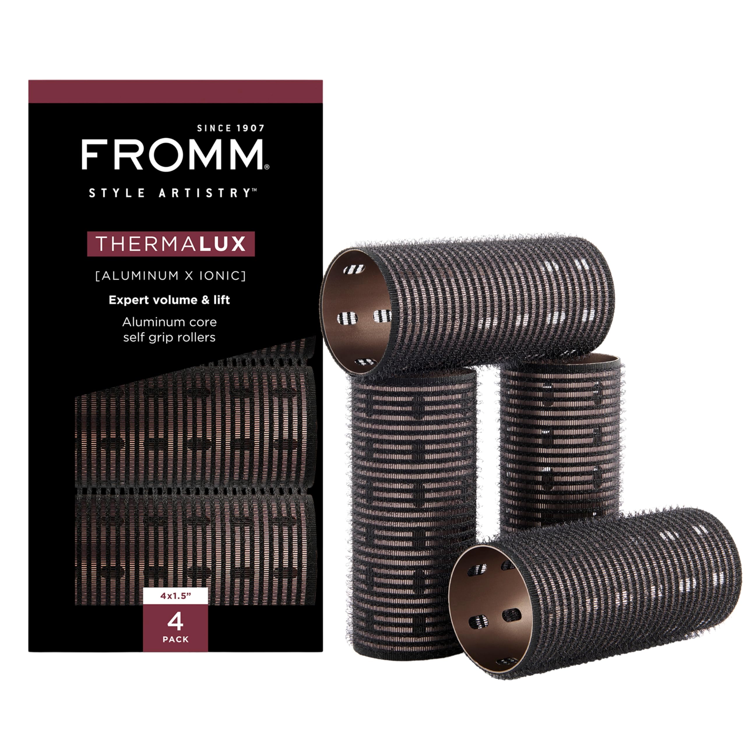 Fromm Thermalux Aluminum Hair Rollers for Volume, Waves, & Curtain Bangs, Heat-Retaining Aluminum Core, Self-Grip Surface, Ionic Technology, Lightweight Professional Rollers, 1.5", 4-Pack