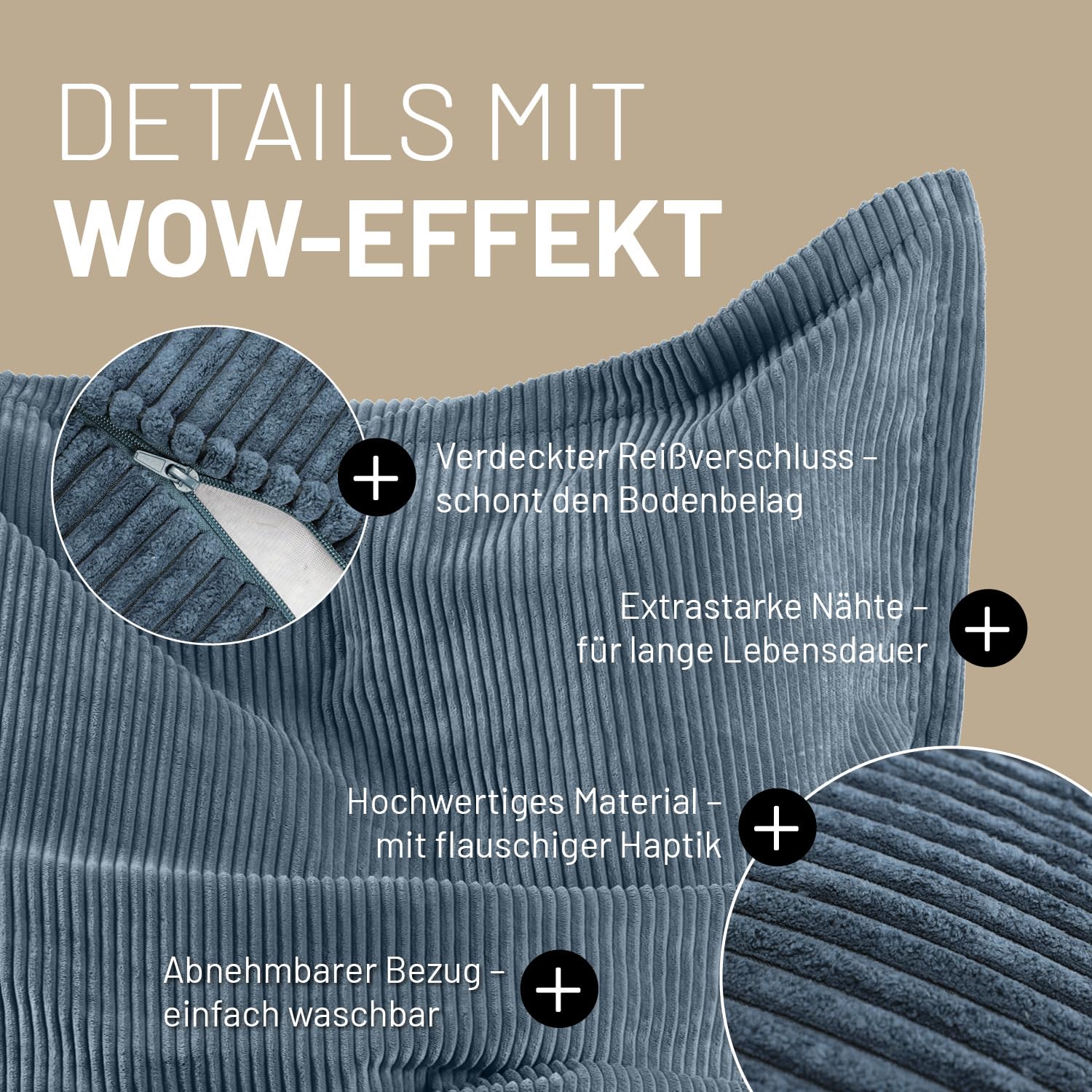 Lumaland Worek do siedzenia Classic XXL Cord, ogromny worek do siedzenia XXL, o miękkiej żebrowanej strukturze, idealny do sofy i foteli sztruksowych, do salonu, sypialni itp. – 380 l, 140 x 180 cm