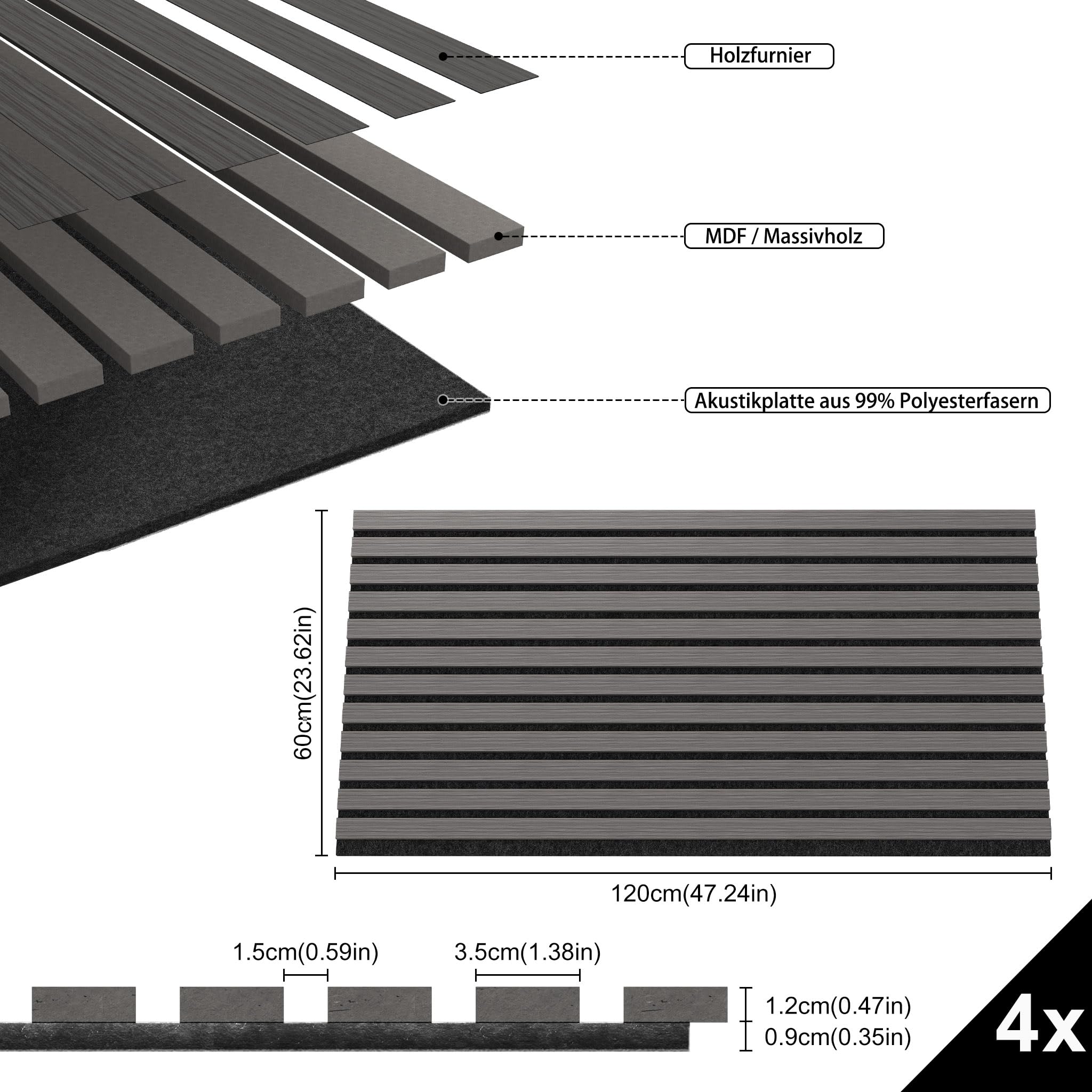 ACXIN Set di 4 pannelli acustici in legno 3D, da parete, in vero legno di quercia, in feltro acustico, 120 x 60 cm, pannelli acustici, per corridoio, soggiorno, ufficio, antracite