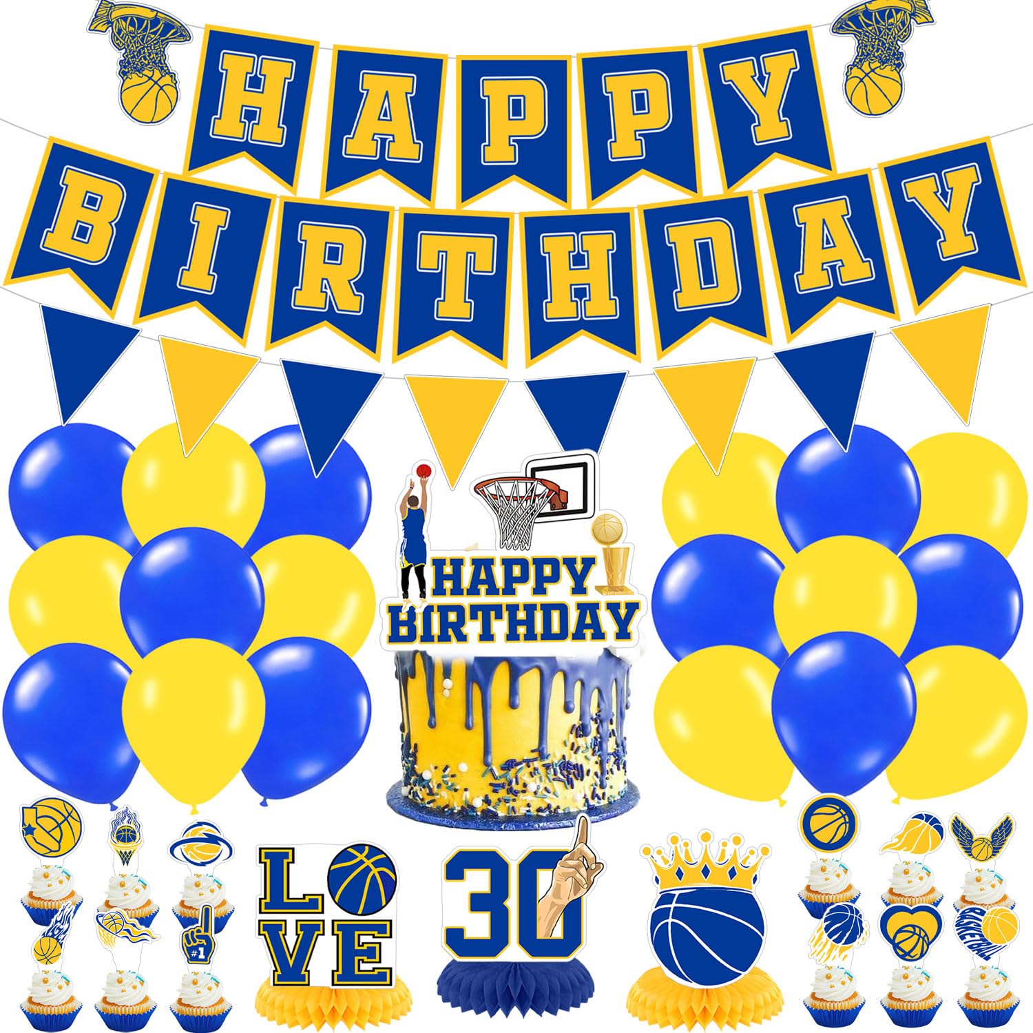 Basketball Party Decorations - Blue & Yellow Basketball Banner and Flag, 3 Table Centerpieces, 25 Cake Toppers, 18 Latex Balloons for Men Boys Fans