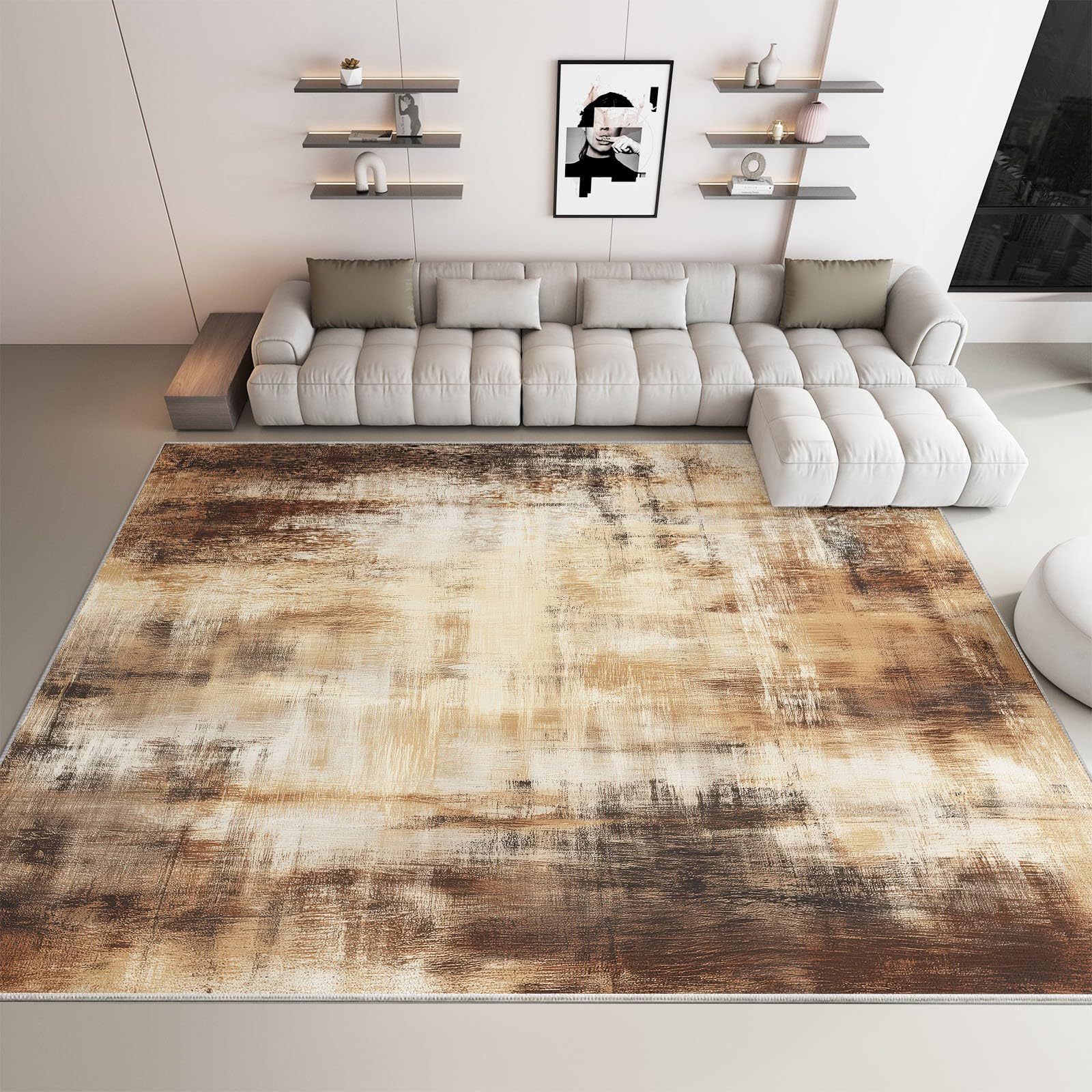 Dywan Można prać w pralce Abstrakcyjny Retro Wood Grain Malarstwo olejne 160 x 230 cm, Wzmocnione krawędzie Maty antypoślizgowe Odporne na plamy, do salonu domu łazienki Chłonny dywanik khaki