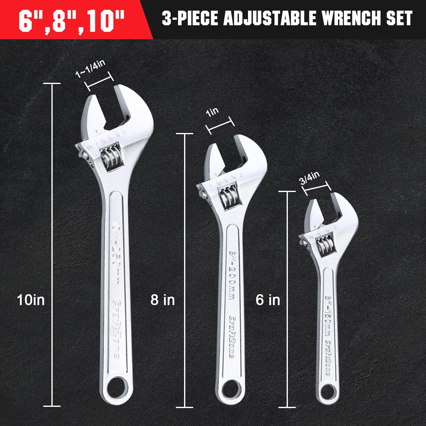 Adjustable Wrench Set - 6/8/10 Inch SAE & Metric -2 Adjustable Wrench Set - 6/8/10 Inch SAE & Metric -2