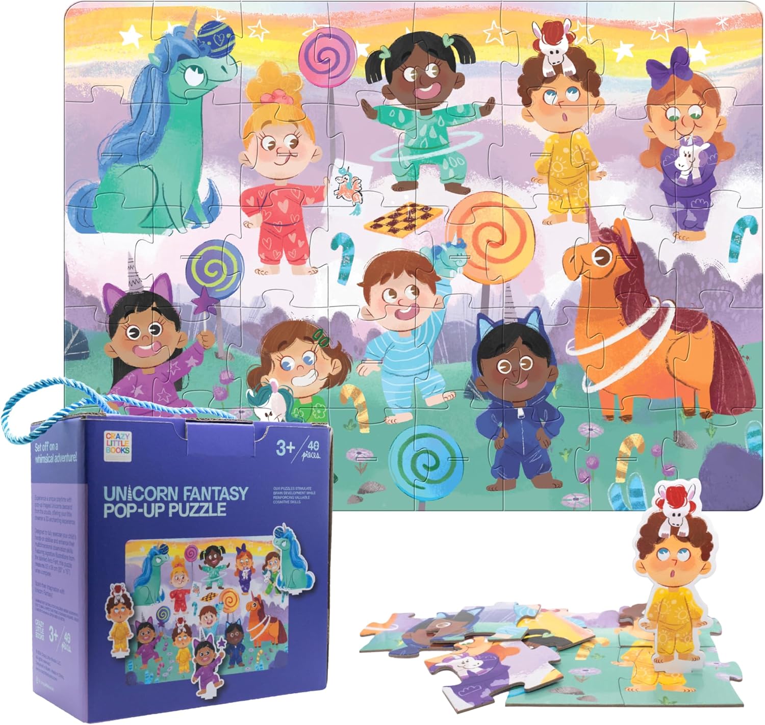 Unicorn Kids Jigsaw Puzzle Ages 3-6, 40 Pieces + 10 Pop-Ups, Preschool Educational Fine Motor Skills. Crazy Little Books Fantasy Floor Puzzle for Girls