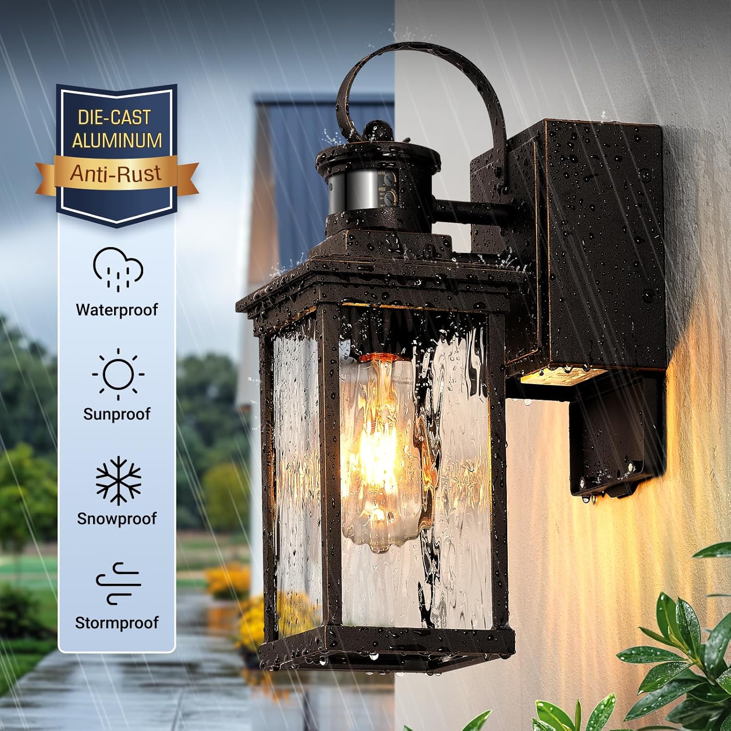 Outdoor House Lights Wall Mount with GFCI Outlet, Oil-Rubbed Bronze with Gold Trim Farmhouse Exterior Lighting Fixtures for Porch, Garage, 100% Aluminum Anti-Rust Front Door Light Motion Sensor