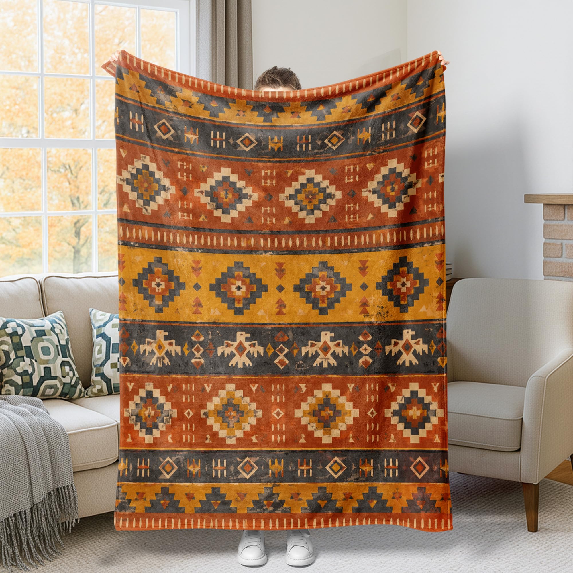 Plaid bohème orange en flanelle douce pour canapé et lit douillet
