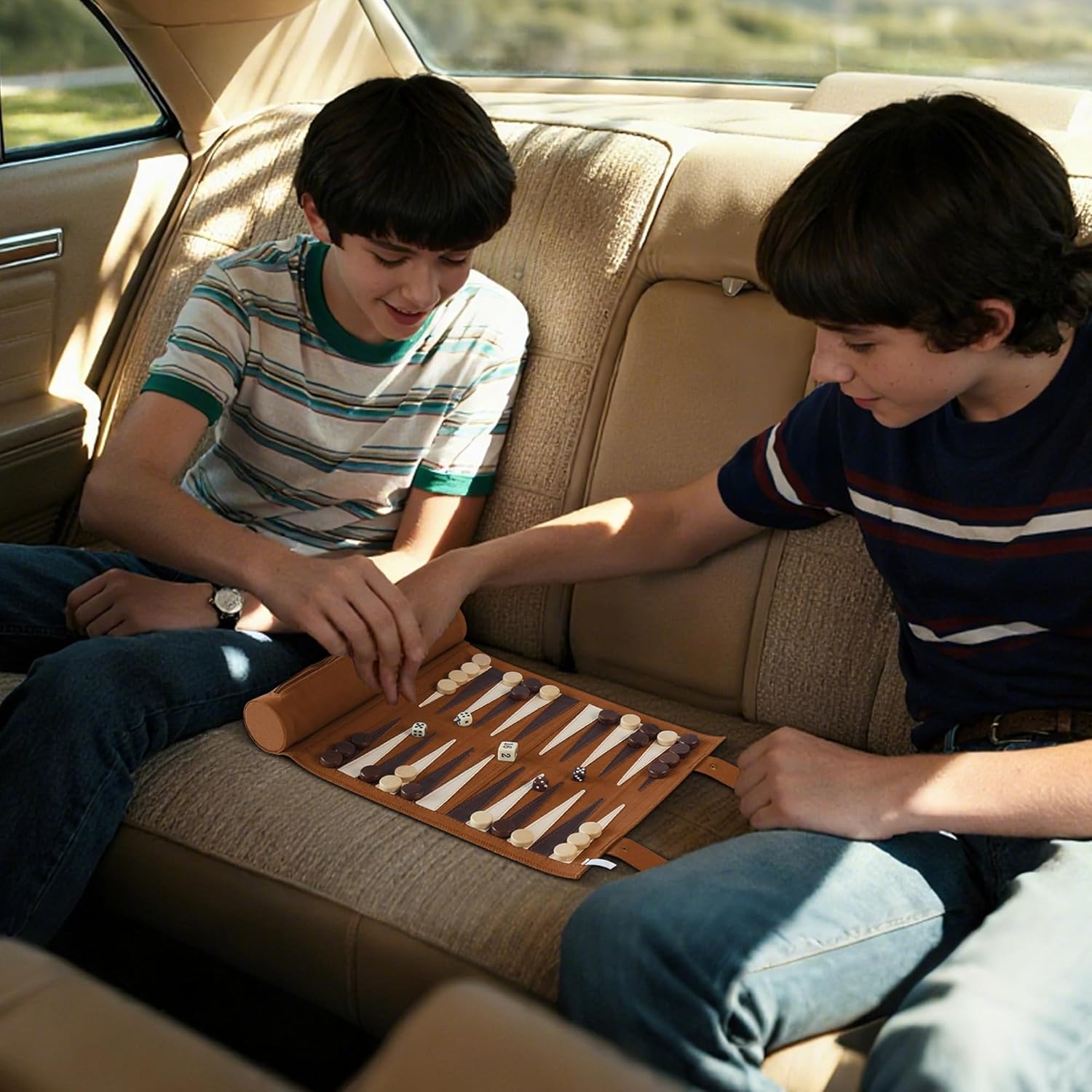 Woodronic Magnetic Chess Checkers Backgammon Set, 3 in 1 Magnetic Chess Game for Adult, Roll-up Portable Suede Board Game for Outdoor, Travel Backgammon Strategy Game Set for 2 Players, Brown