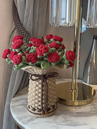 Miniatura 5 de THREEBOY Ramo de flores artificiales de ganchillo de rosas rojas con florero de punto para el Día de la Madre, San Valentín, decoración de