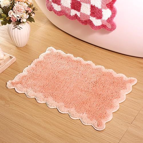 Miniatura 36 de ORTIGIA Alfombras de baño rosas con bordes ondulados, antideslizantes y lavables, tapetes de baño de microfibra suave y absorbente de secado rápido,
