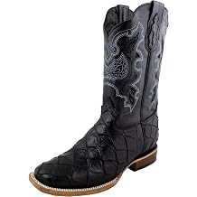 Mens Western Cowboy Boots Square Toe Leather Boots, Exotic Embossed Fish Print, Classic Rodeo Style
