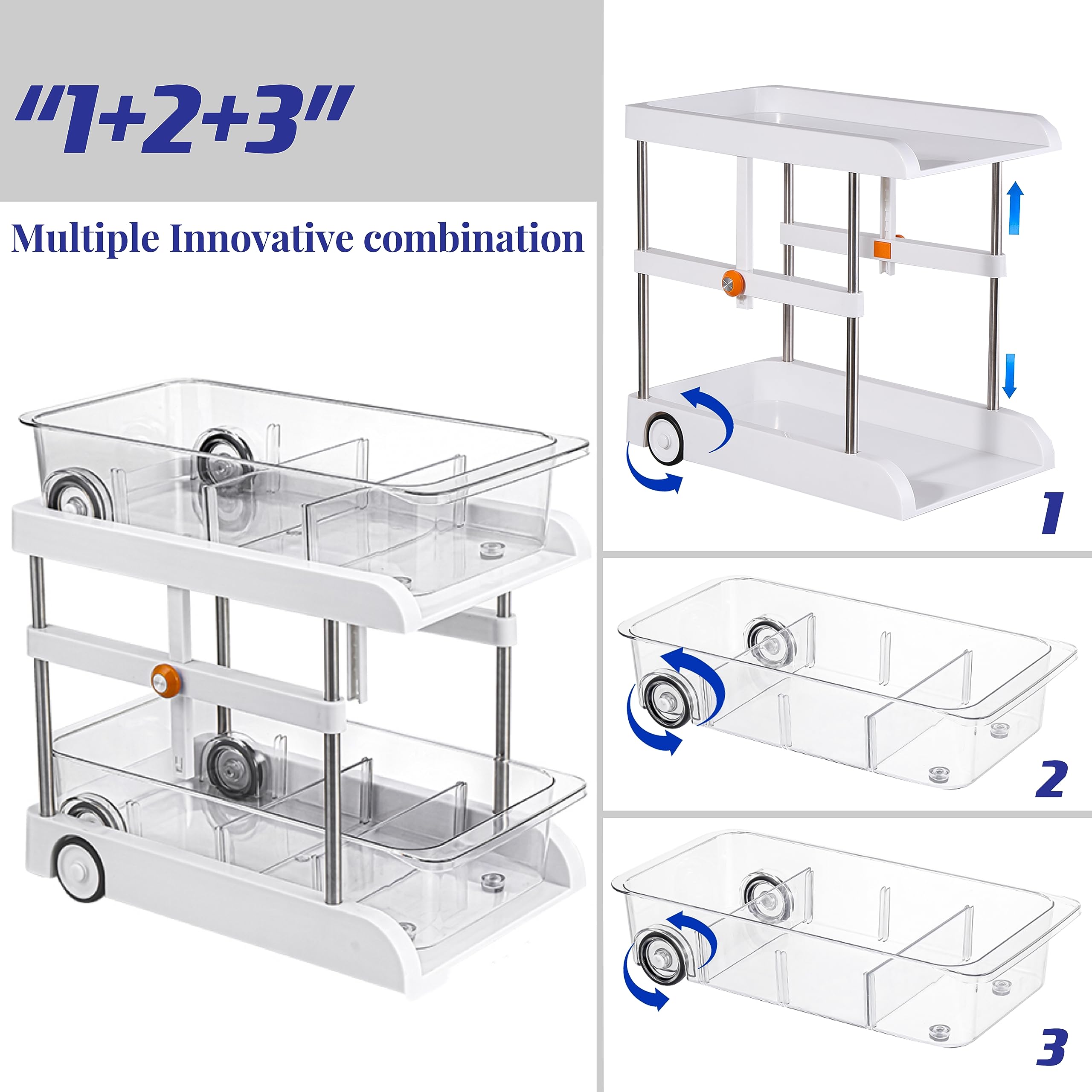 New Upgrade Height adjustable 2 Tier Clear Organizer with Dividers, Under Sink Organizers with Smooth Rotating Wheels, Bathroom Cabinet Organization