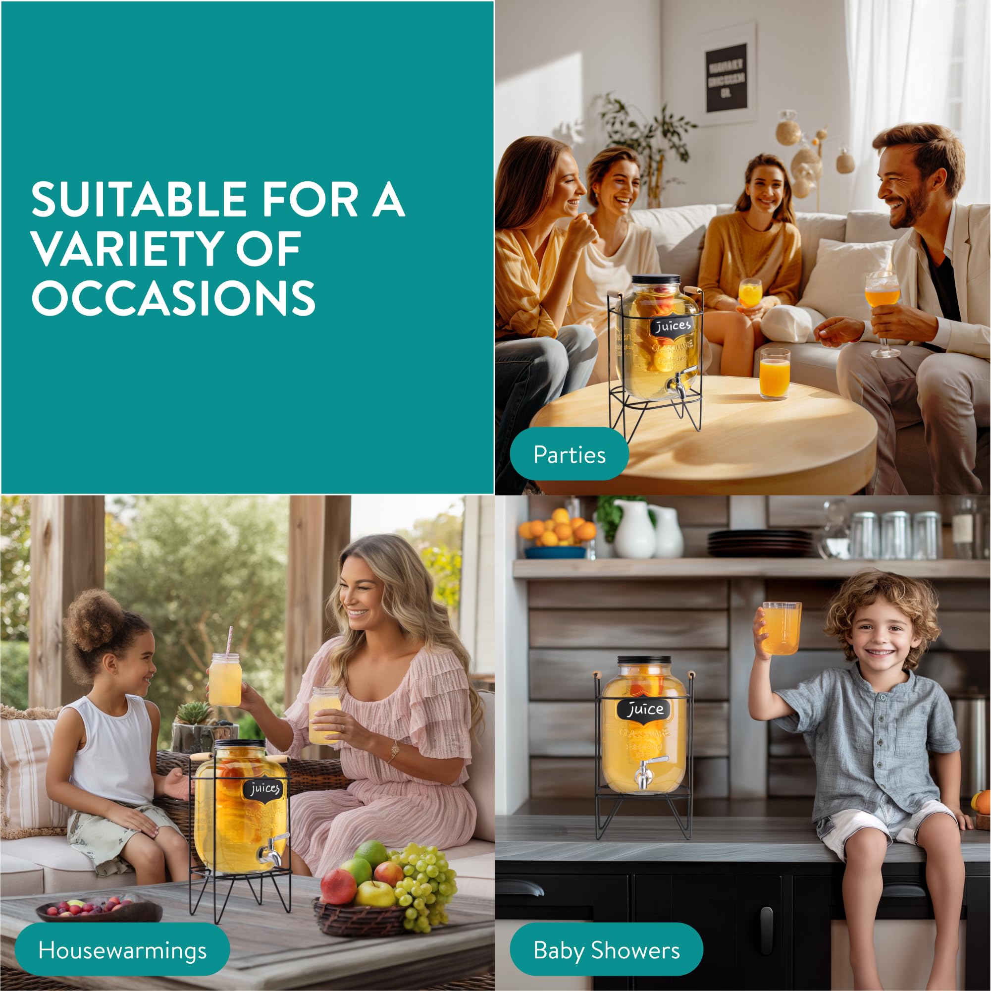 Dispenser per Bevande in Vetro 5 Litri Navaris - Distributore Acqua con Rubinetto e Supporto in Ferro