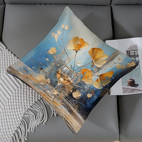 Miniatura 6 de Funda de almohada decorativa de 18 x 18 pulgadas, fundas de almohada decorativas de satén con hojas de ginkgo azules y doradas, fundas de almohada