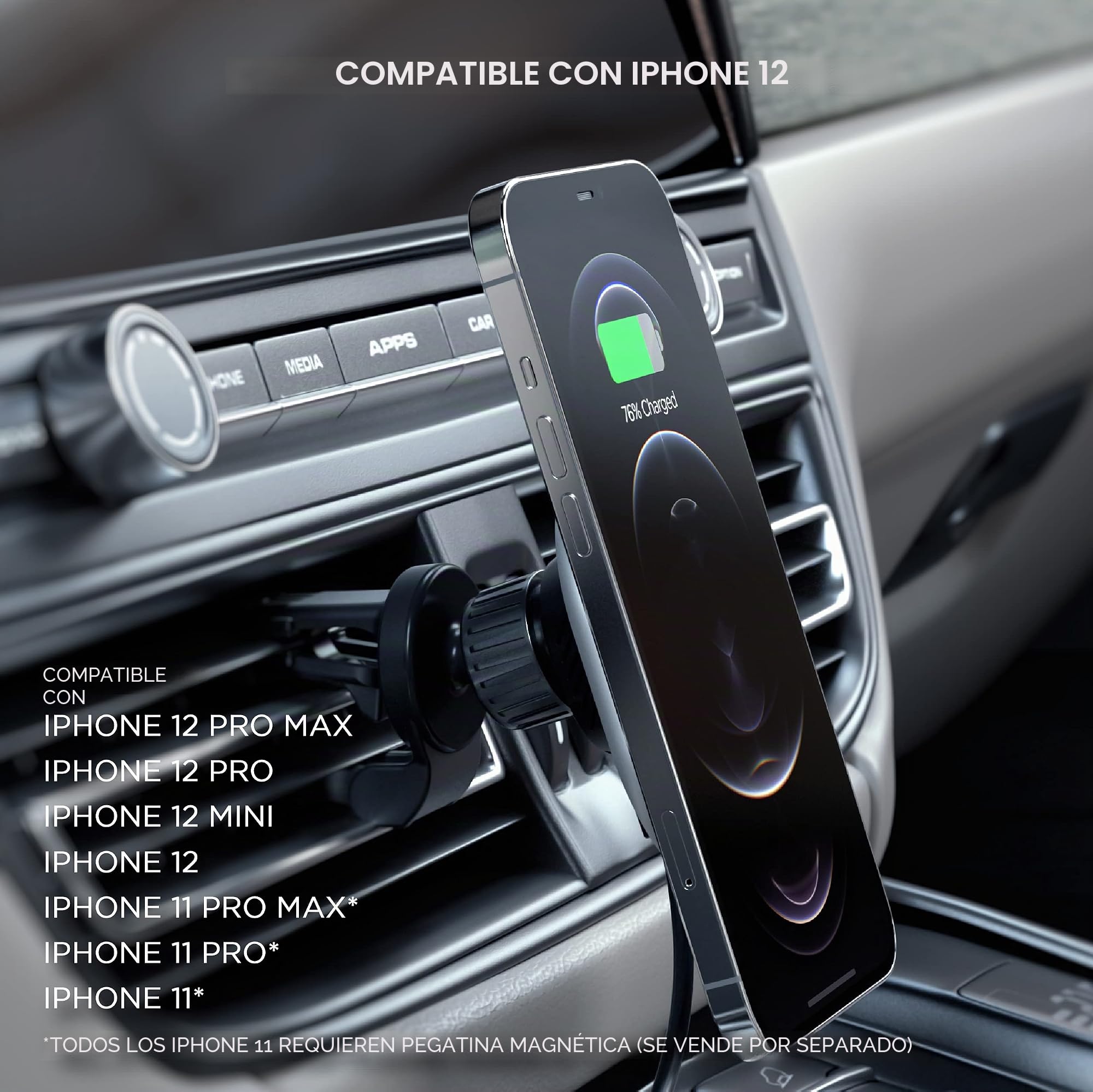 SATECHI Cargador de Coche Magnético Qi 7,5W, Compatible MagSafe | Carga inalámbrica Qi 7,5W tipo MagSafe, soporte para rejilla de ventilación, compatible con iPhone 17-12
