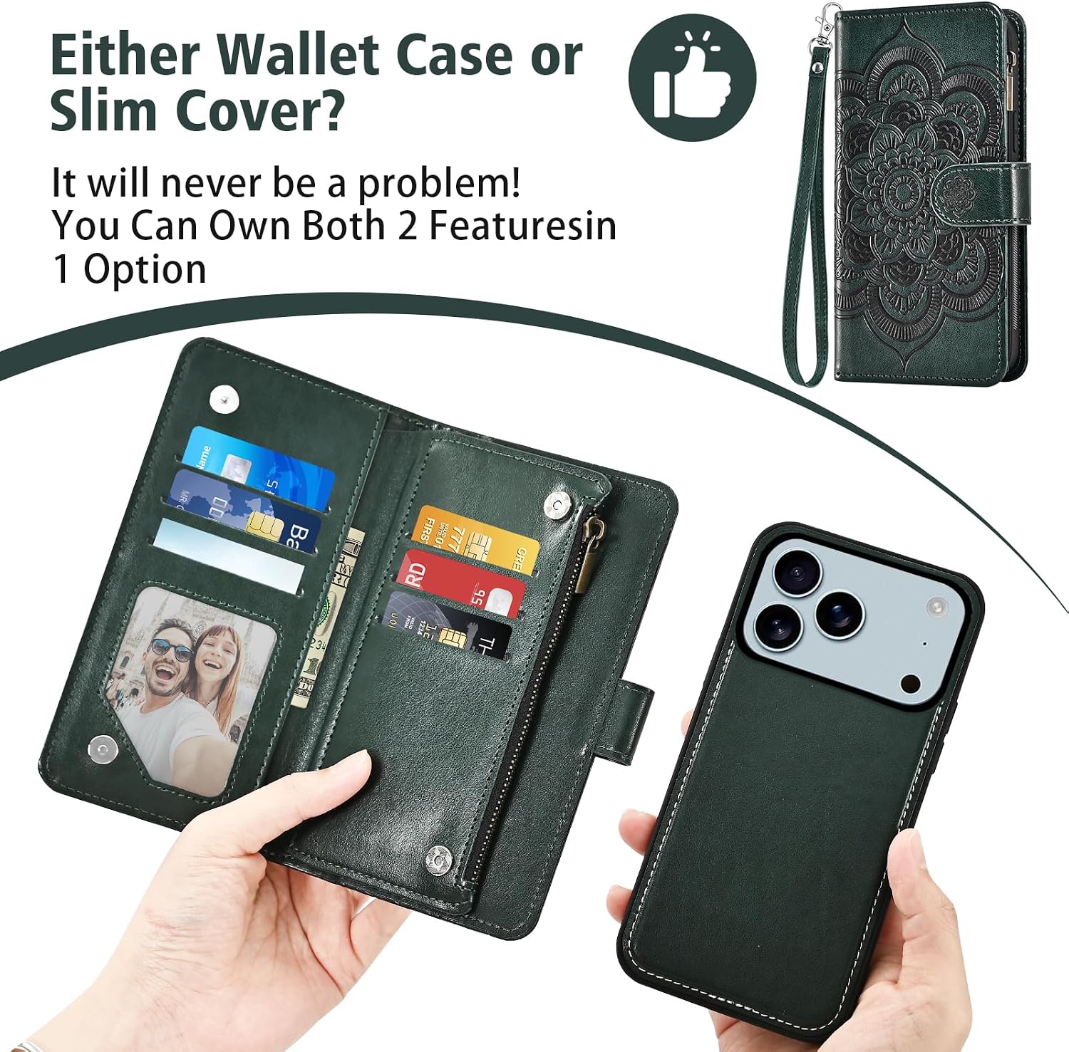 Asuwish Phone Case for iPhone 17 Pro 6.3 inch Zipper Wallet Detachable Cell Cover with Tempered Glass Screen Protector Crossbody Strap Flower Card Holder i Phone17 i17 17Pro Women Men Girls Dark Green