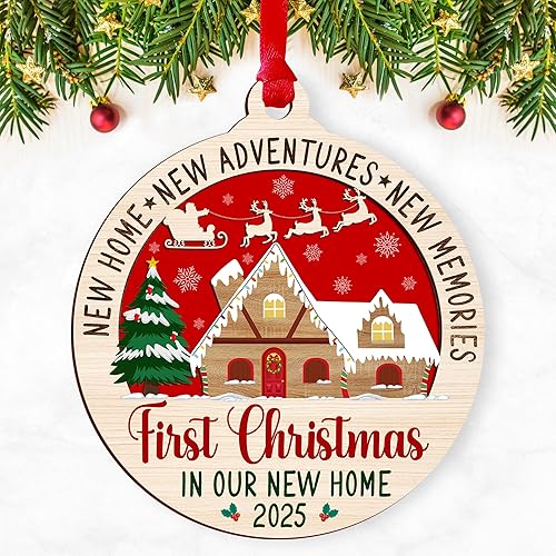 Fastpeace Adorno de Navidad para el hogar 2023, primera Navidad en nuestro nuevo hogar, adorno de madera de 2 capas, regalos de inauguración de la