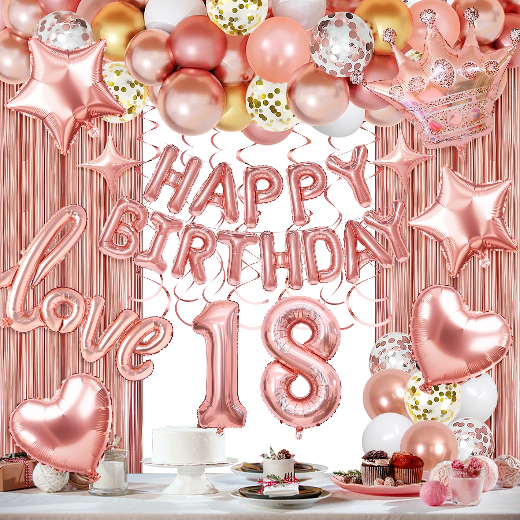 18th Birthday Decorations for Girls Women Rose Gold, Rose Gold Happy Birthday Banner, Fringe Curtains, Foil Balloons, Hanging Swirls for Girls Women 18 Birthday Party Decorations