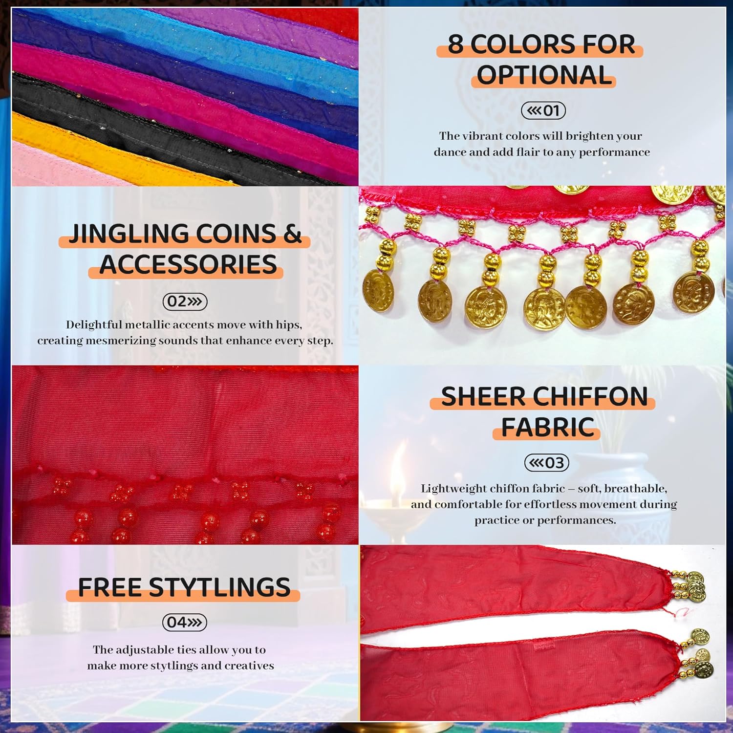 Belly Dance Hip Scarf 2 Piece, Belly Dance Skirt and Top Set, Dancing Coin Skirts for Women, Halloween Costume, 2Pack - Image 3